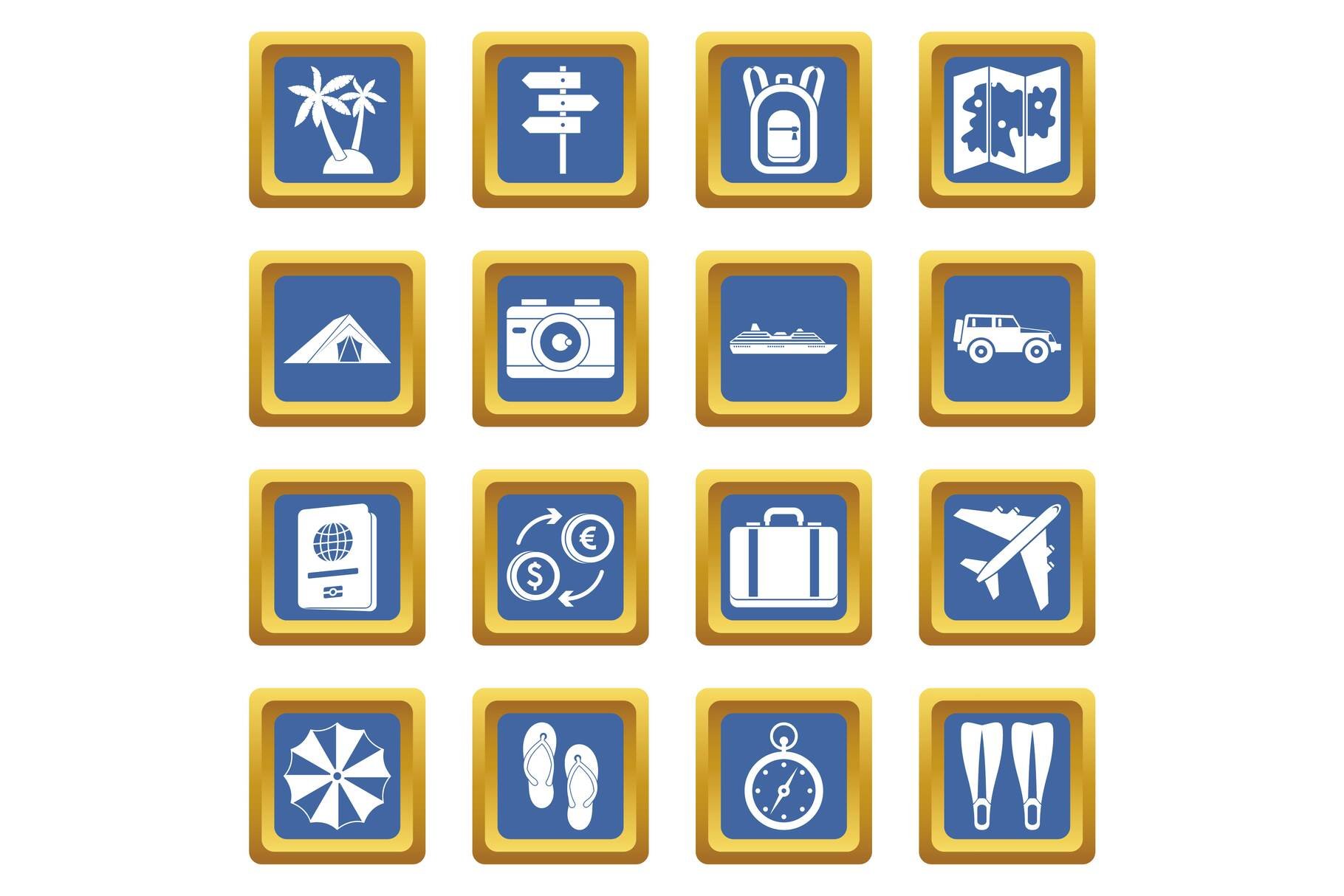 Travel icons set blue cover image.