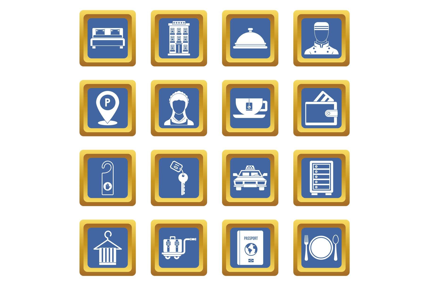 Hotel icons set blue cover image.
