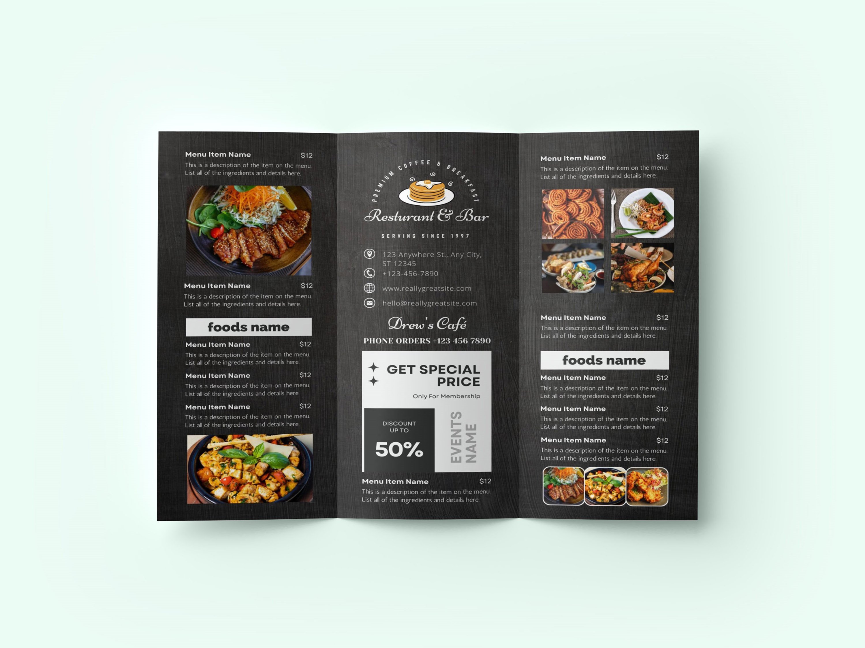 TriFold Food Menu Brochure Template preview image.