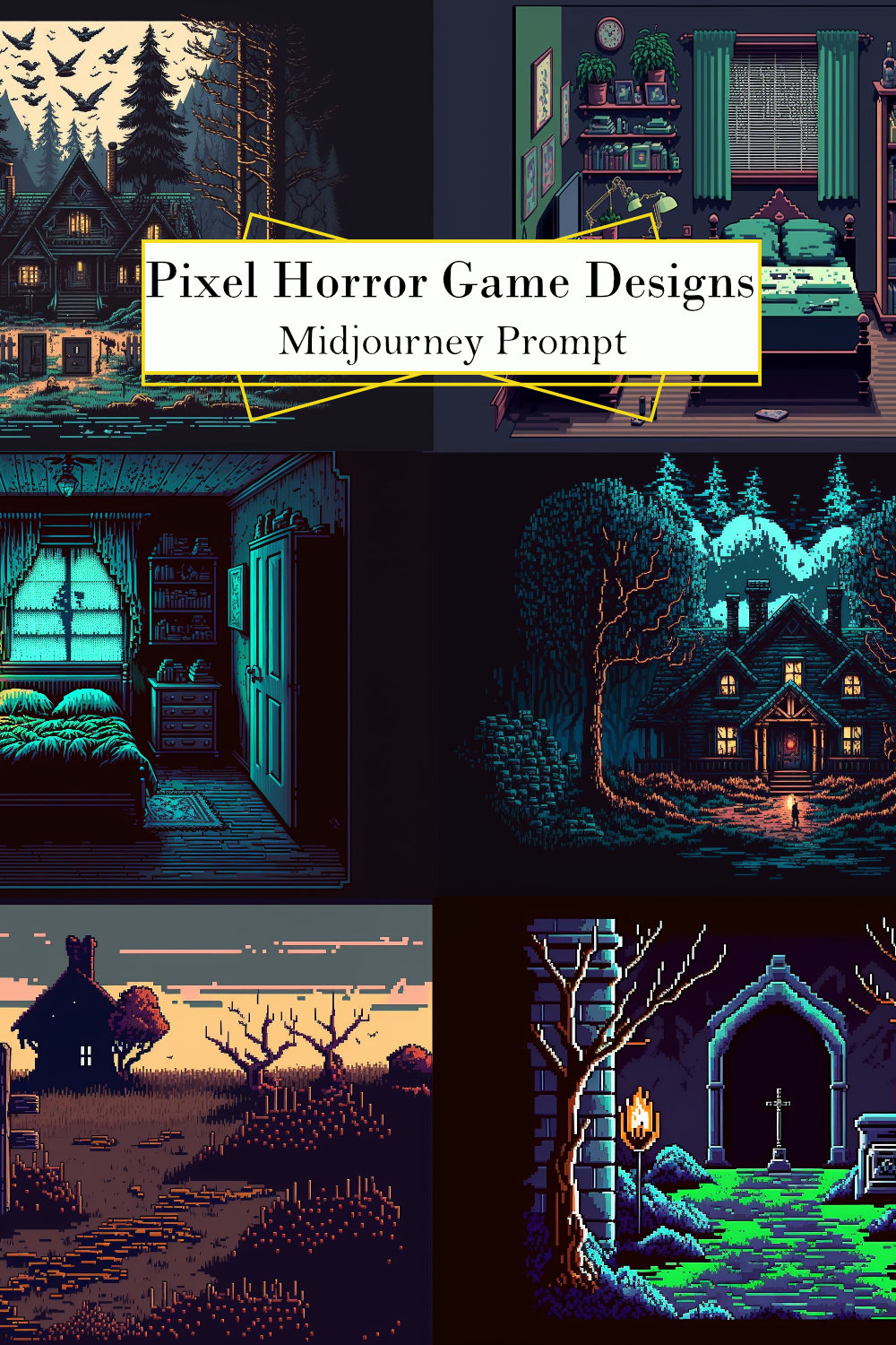 Pixel Horror Game Design Midjourney Prompt pinterest preview image.