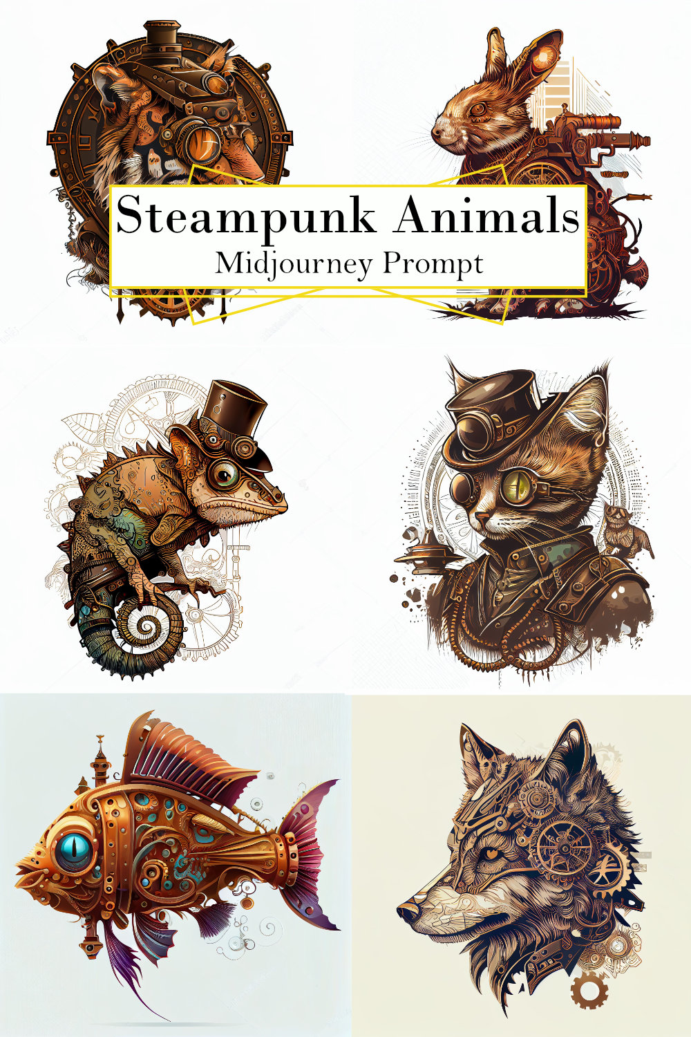 Steampunk Animals Midjourney Prompt pinterest preview image.