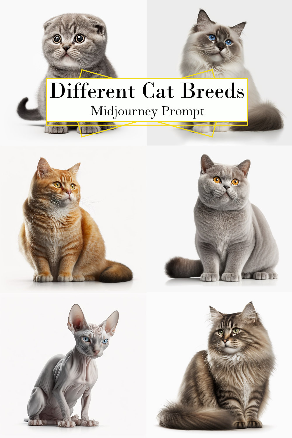 Different Cat Breeds Midjourney Prompt pinterest preview image.