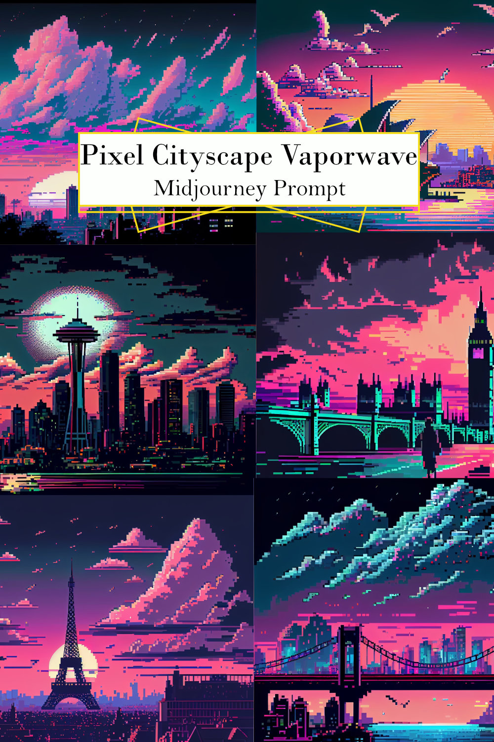 Pixel Cityscape Retro Vaporwave Midjourney Prompt pinterest preview image.
