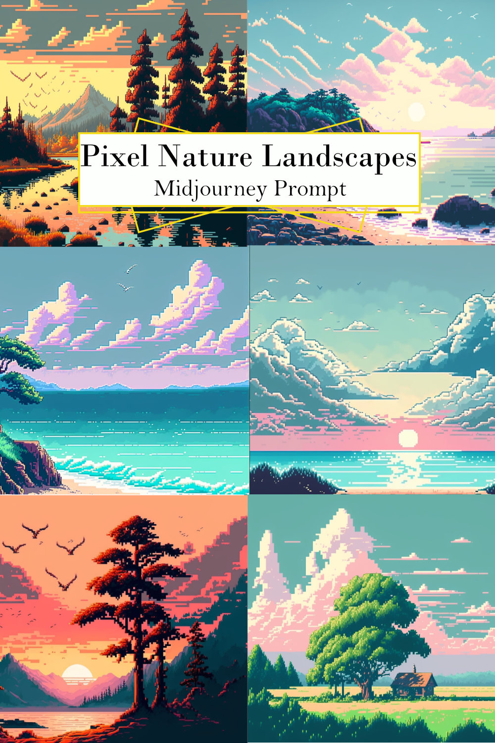 Pixel Nature Landscapes Midjourney Prompt pinterest preview image.