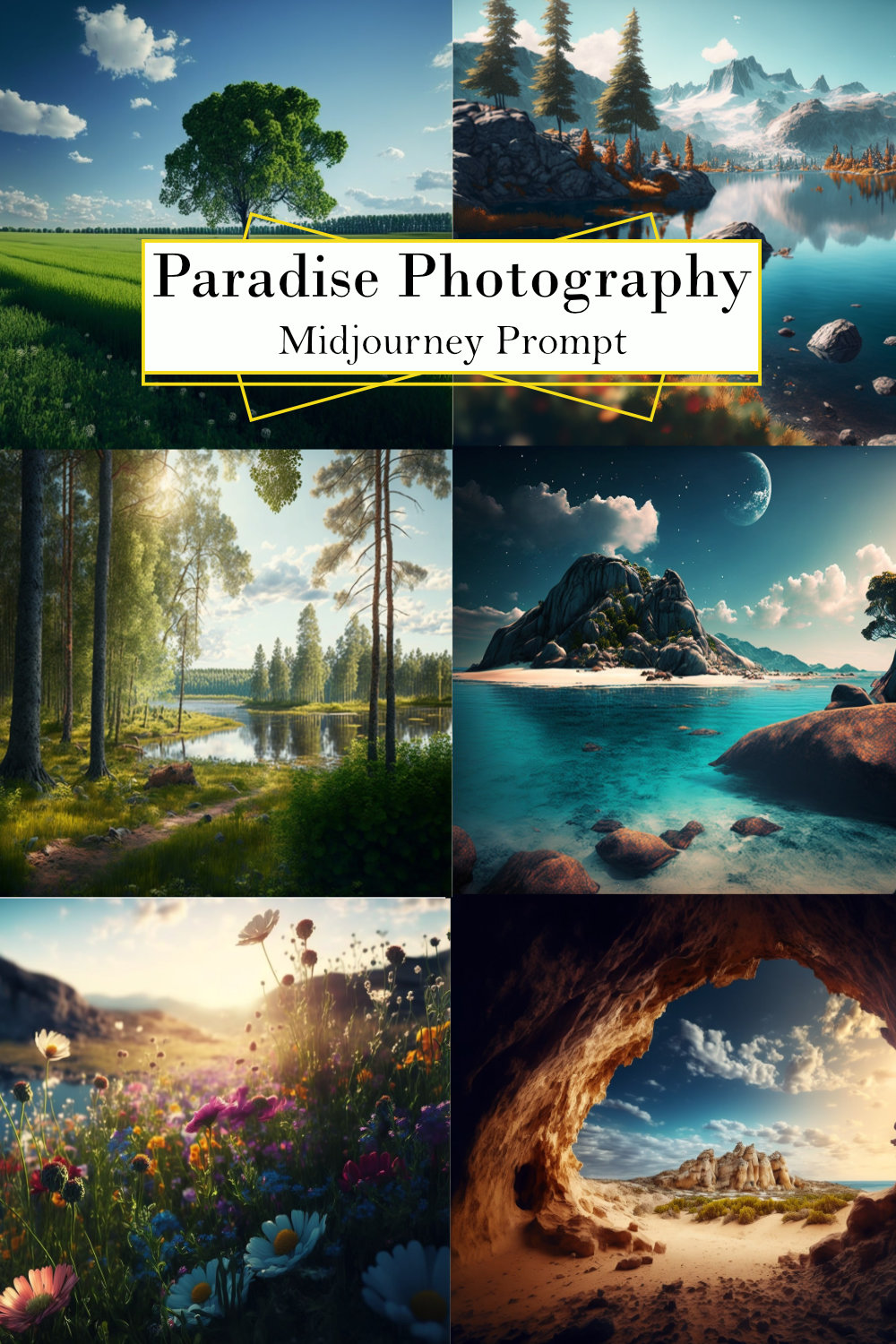 Paradise Photography Midjourney Prompt pinterest preview image.