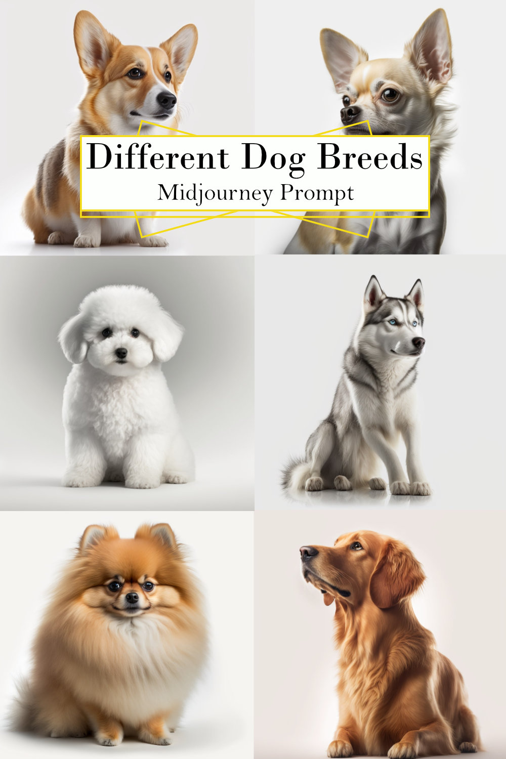 Different Dog Breeds Midjourney Prompt pinterest preview image.