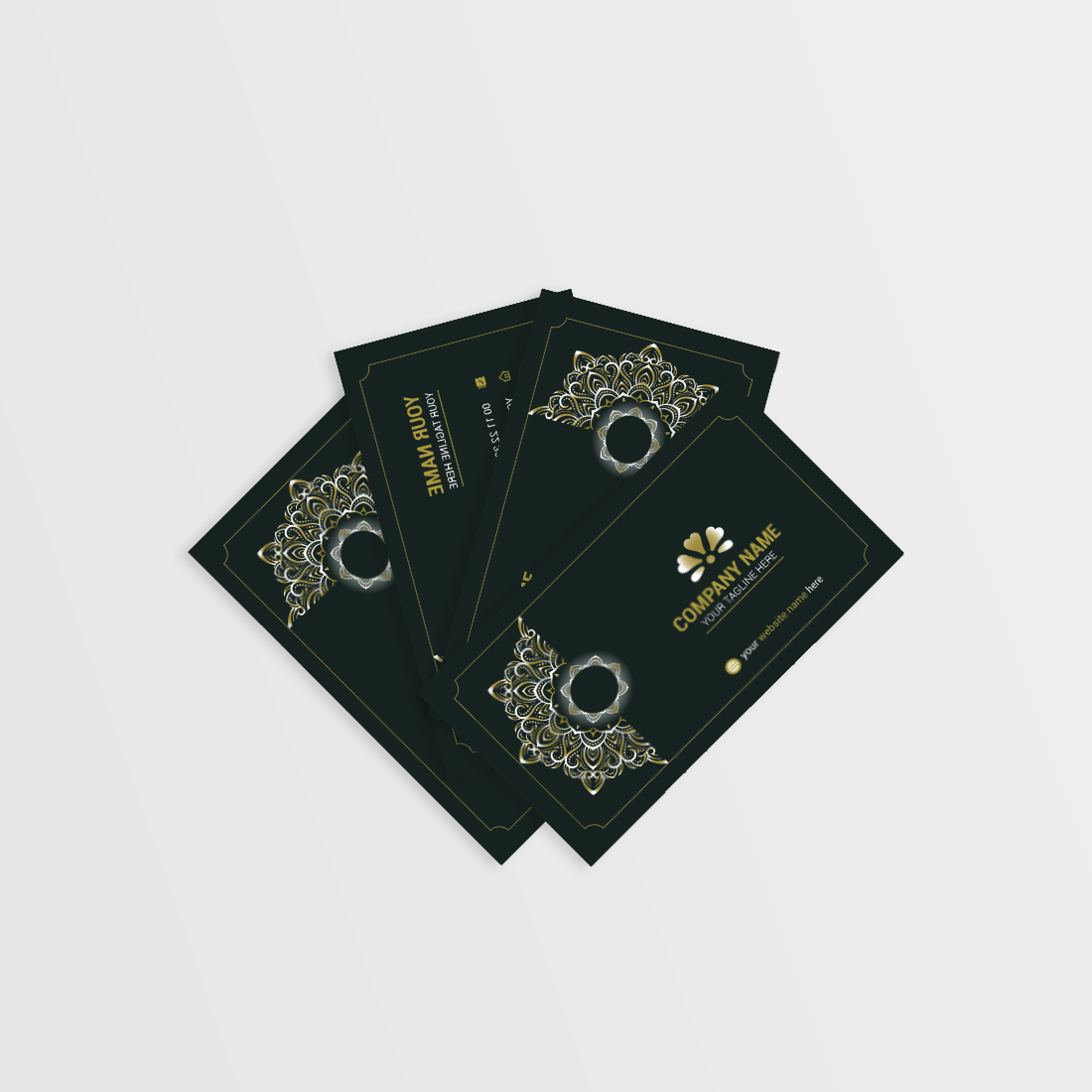 luxury mandala blue color corporate business card design template with gold border cover image.