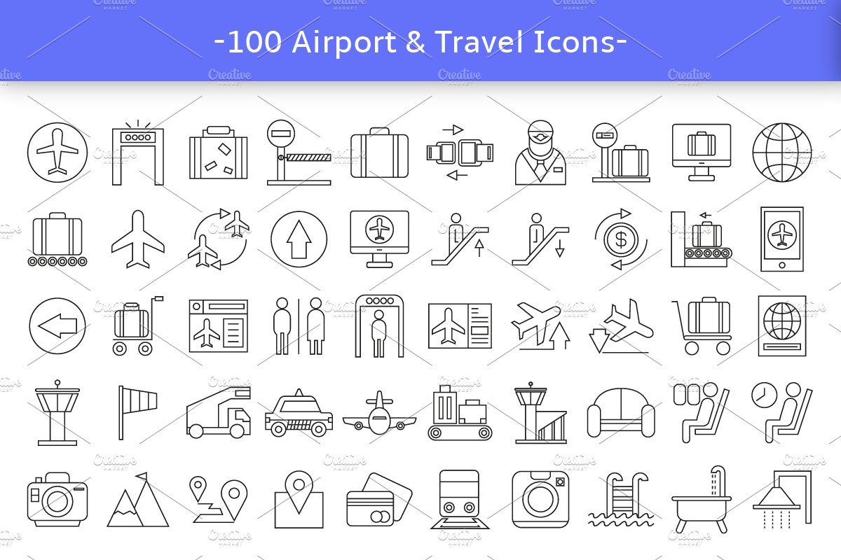 100 Airport Icons Set preview image.