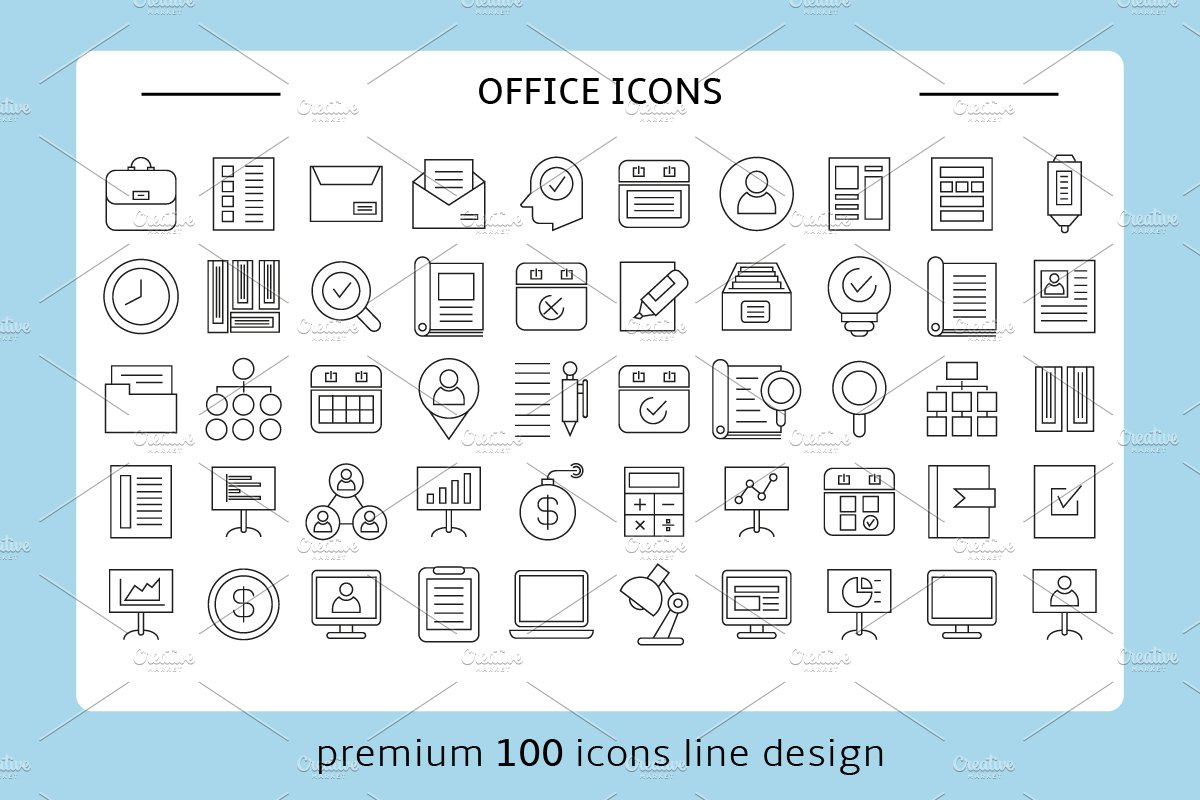 100 Office Icons Set preview image.