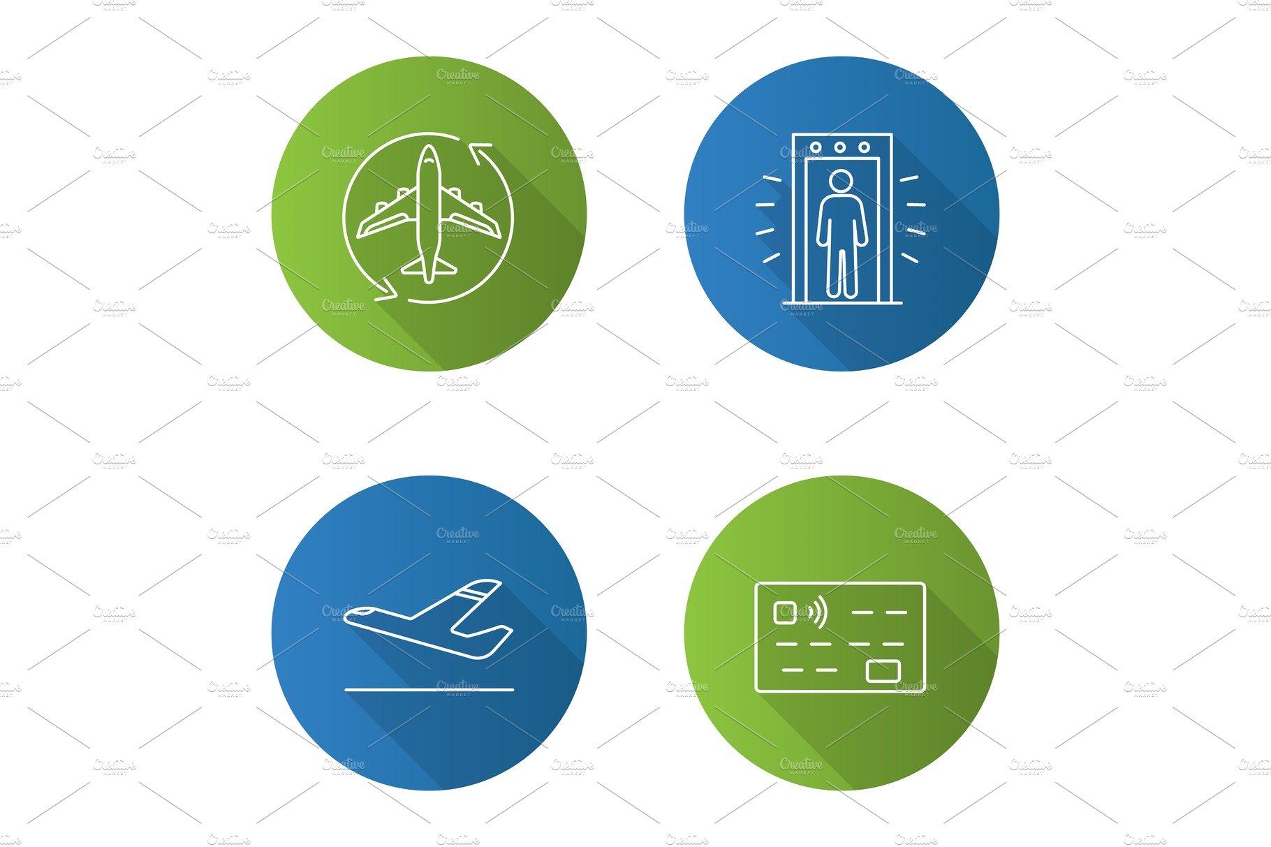 Airport service flat linear long shadow icons set cover image.