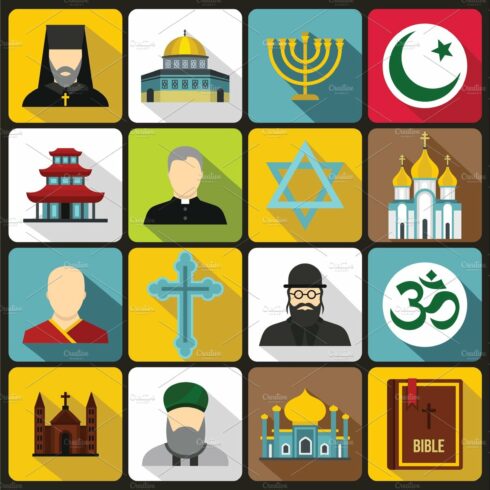 Religious symbol icons set, flat cover image.