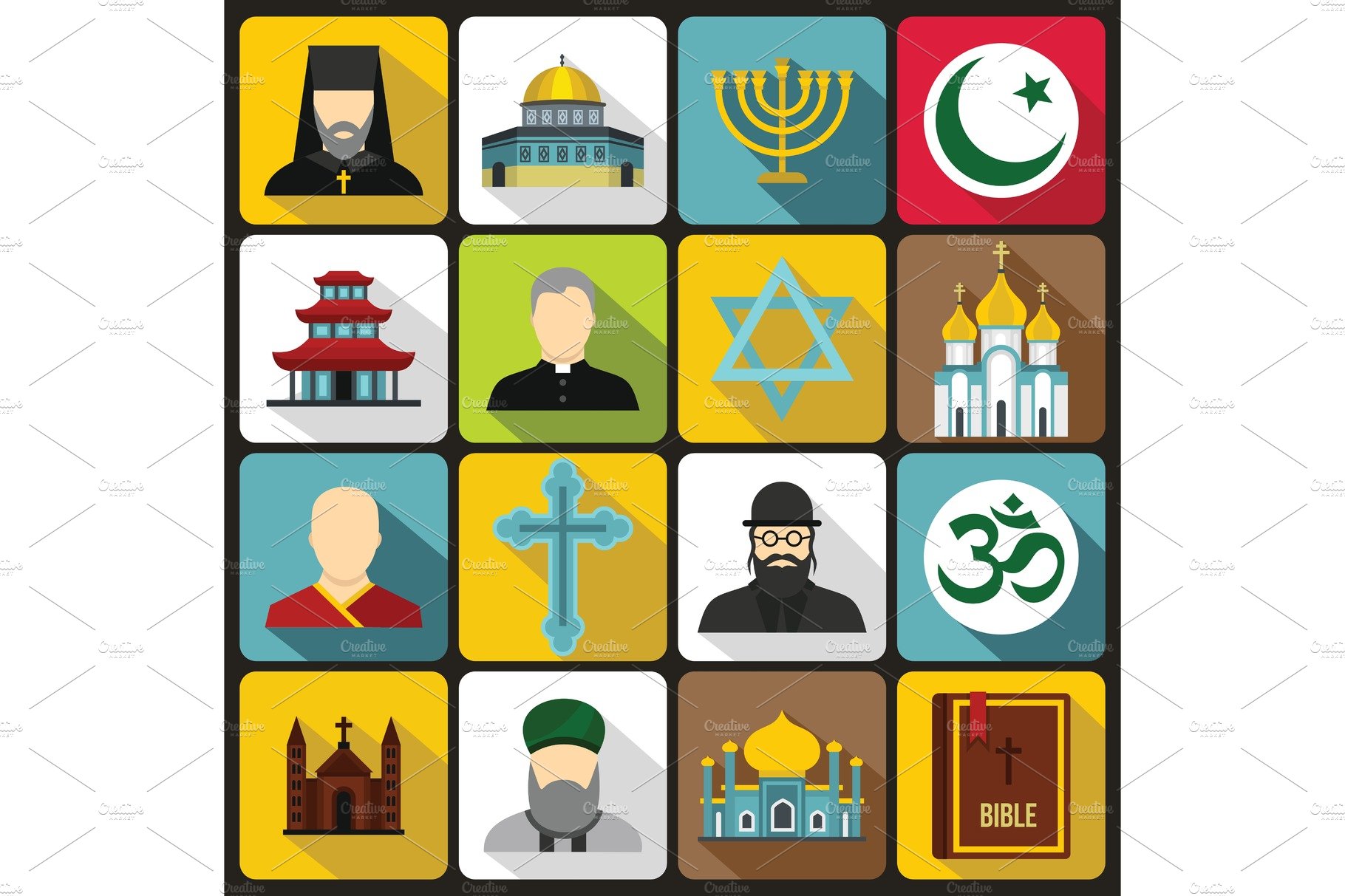 Religious symbol icons set, flat cover image.