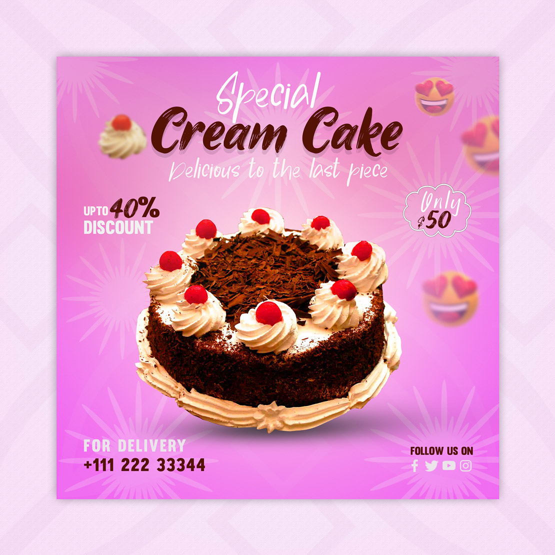 Flyer for a cake shop with a picture of a cake.