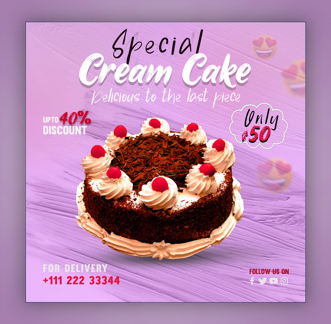 Poster advertising a cake with white frosting and cherries.