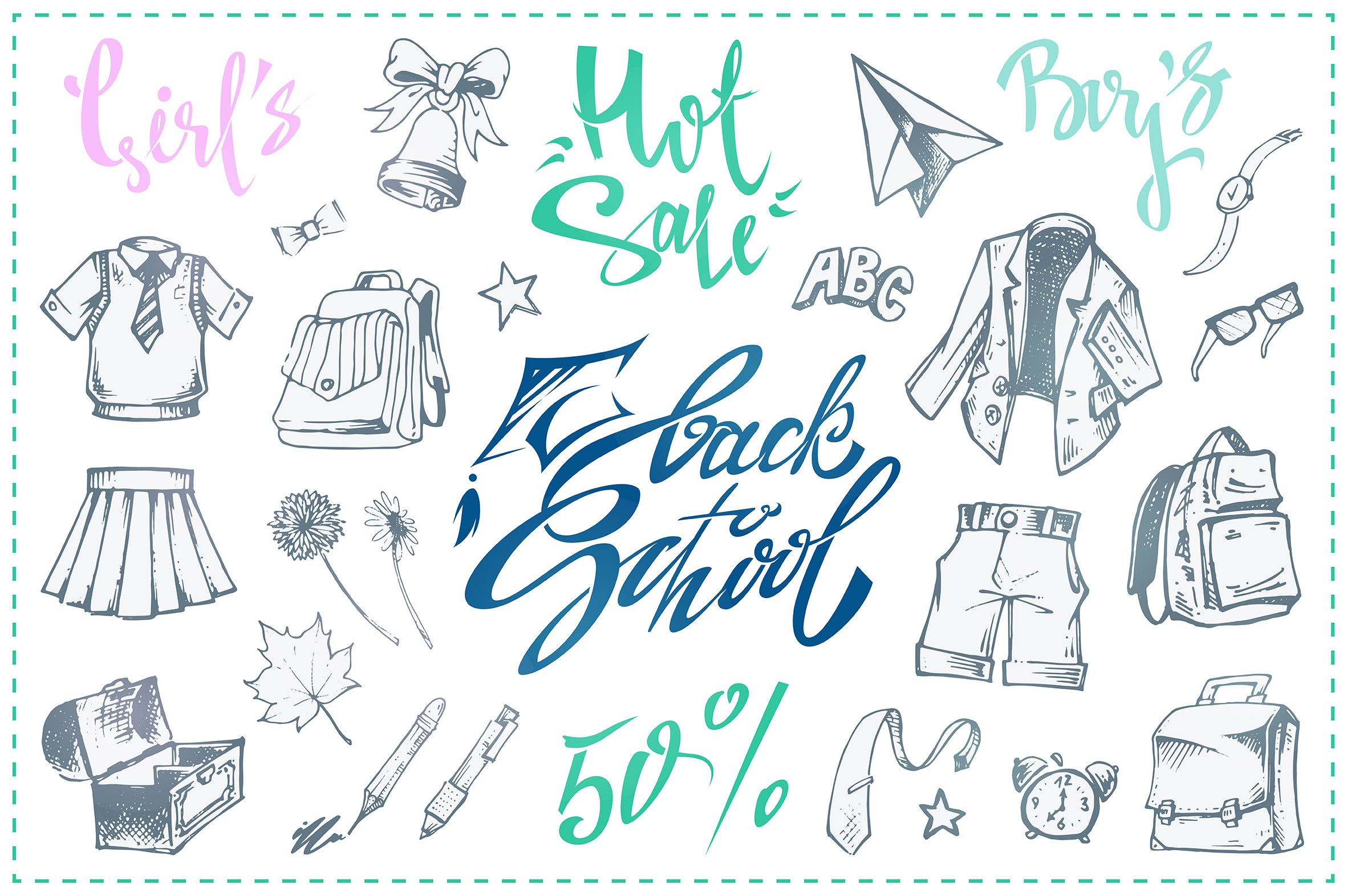 calligraphic inscriptions back to school girls boys hot sale 50 . sketch icons of school uniform bag lunchbox. isolated vector. to design stores sales 331