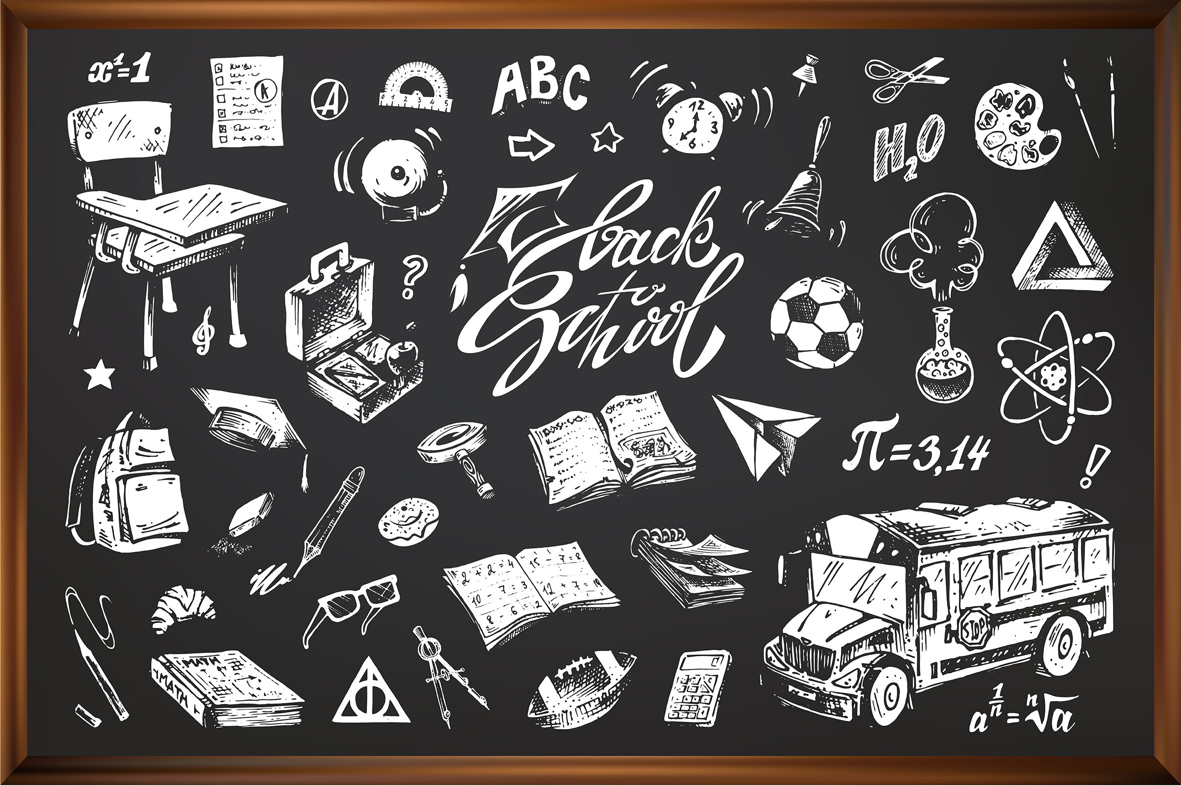calligraphy back to school. sketch icons of school subjects. isolated vector. black chalk board 417