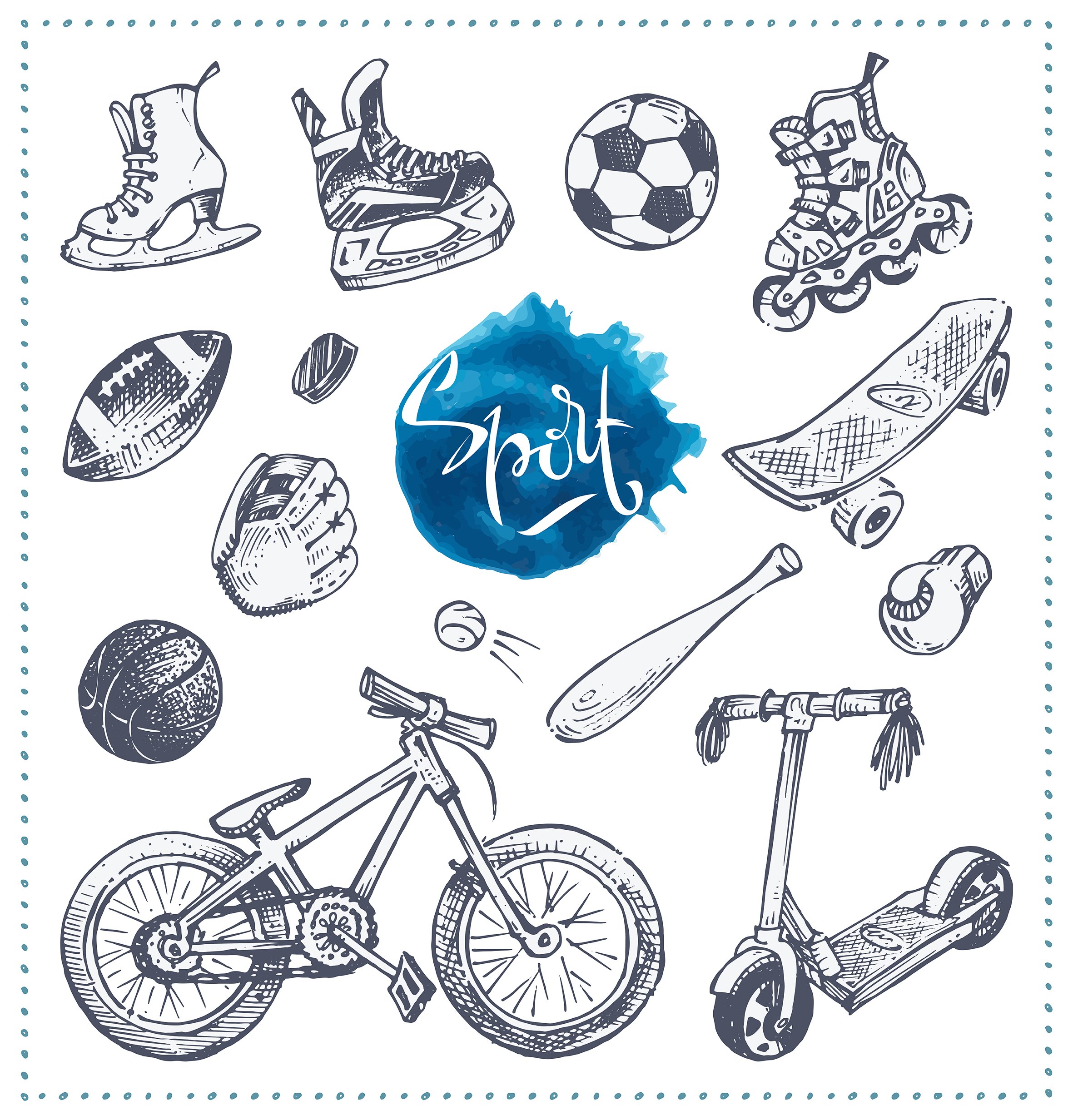 calligraphy sport. sketch icons of school sports equipment bicycle roller skates scooters baseball balls. isolated vector for packaging design and web stores 123