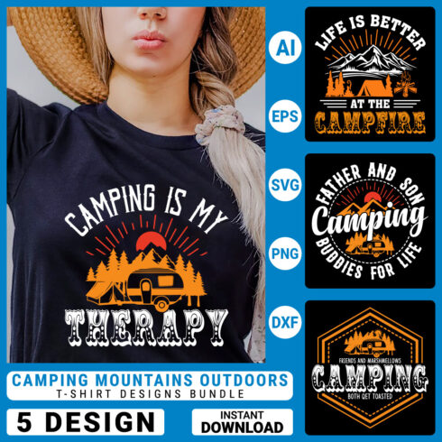Camping Adventures mountains Outdoors Vector illustration t-shirt design Graphic T-Shirt Design cover image.