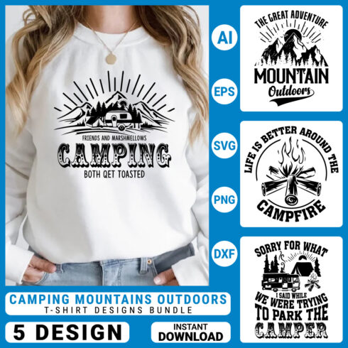 Camping Adventures mountains Outdoors Vector illustration t-shirt design Graphic T-Shirt Design cover image.