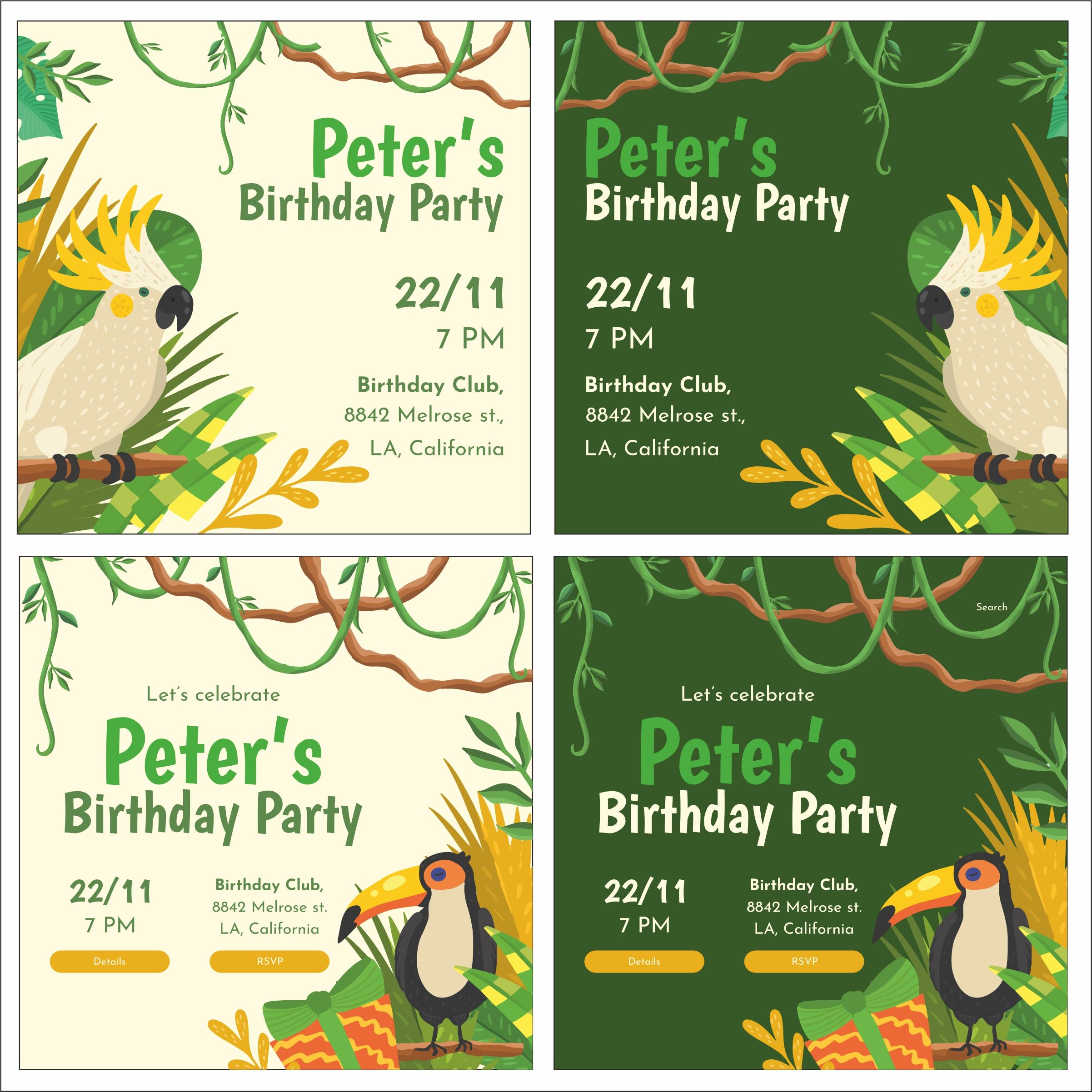 Set of three birthday cards with a parrot on a branch.