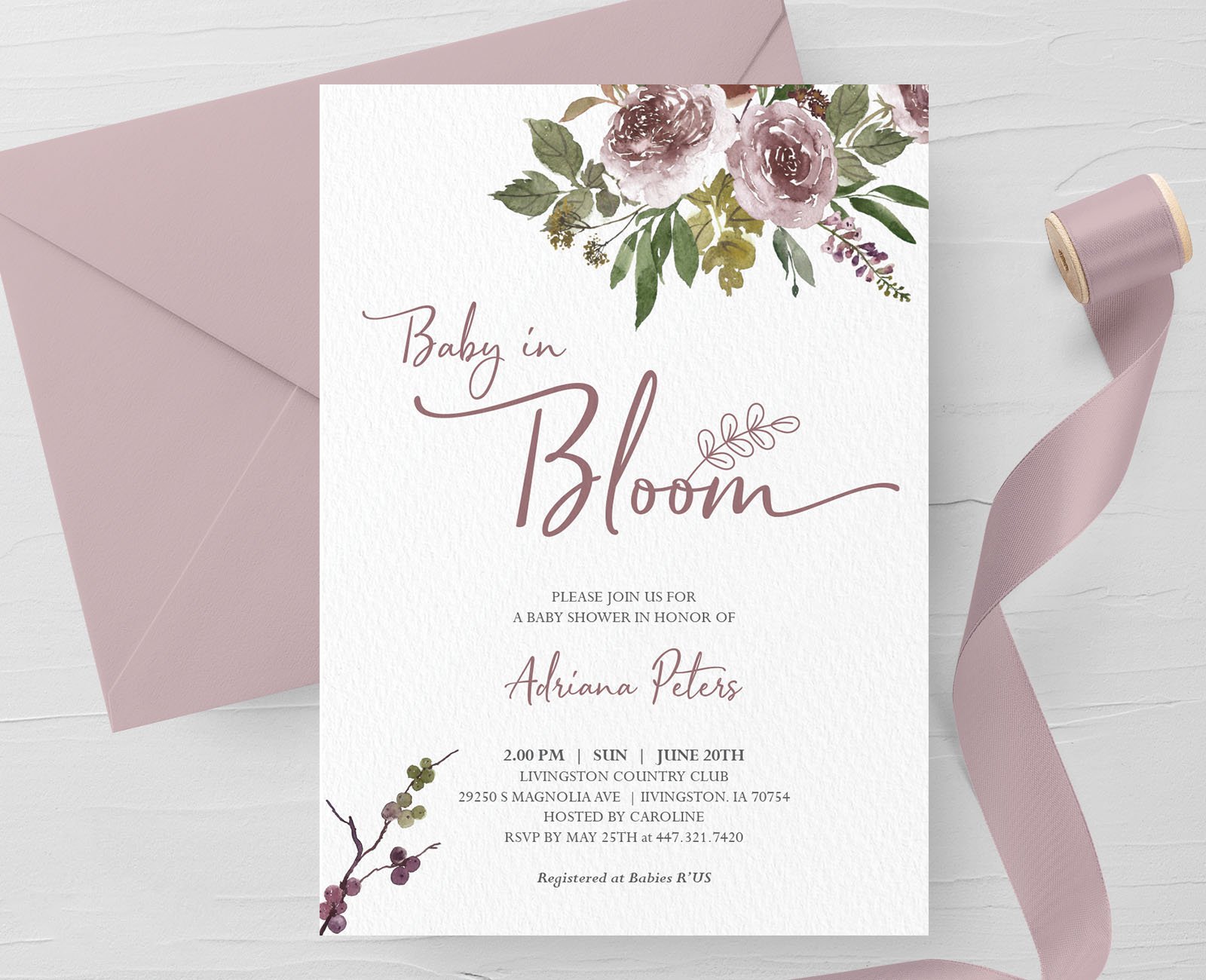 Baby in Bloom Baby Shower Invitation cover image.