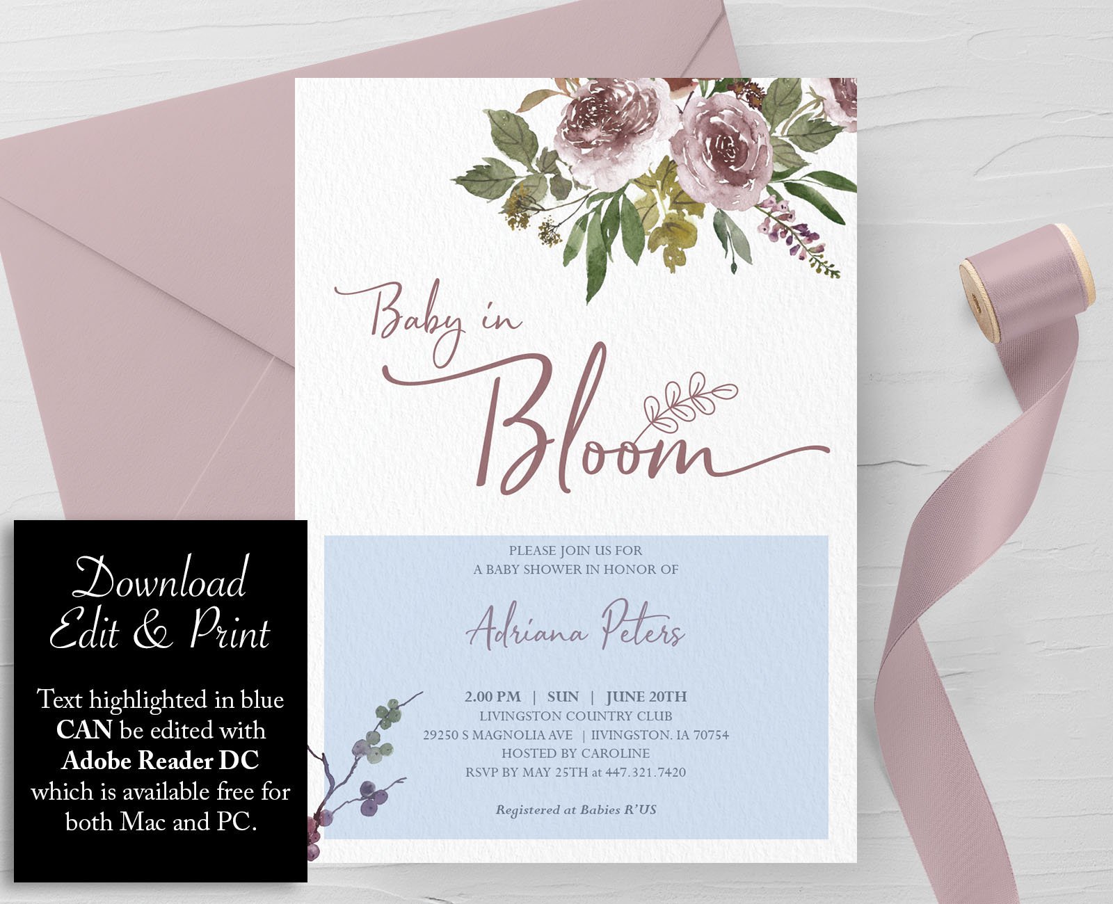 Baby in Bloom Baby Shower Invitation preview image.