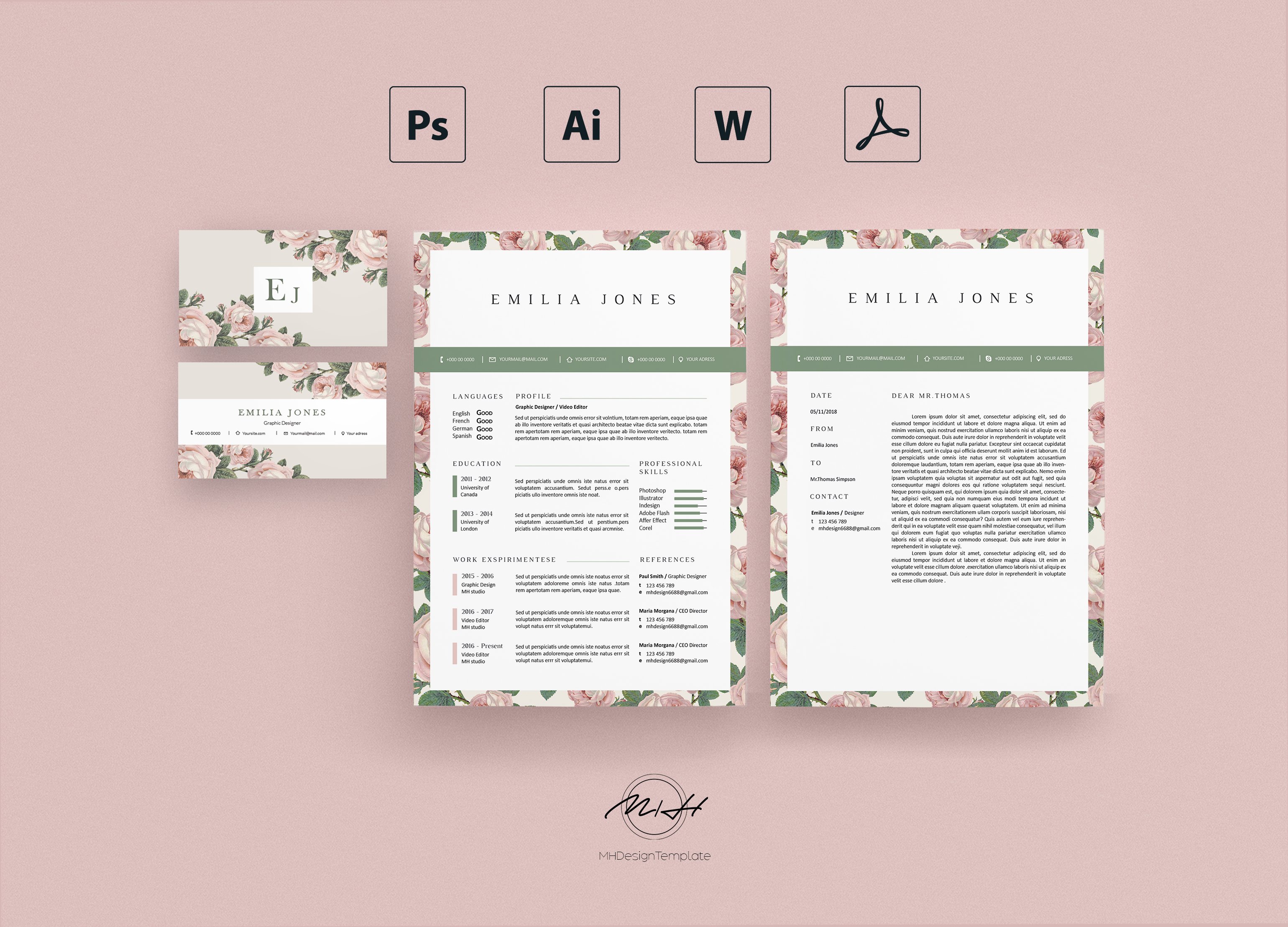 Roses Floral Resume / Card Template cover image.