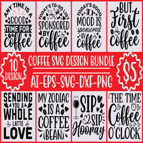 10 Coffee SVG Design Bundle Vector Template cover image.
