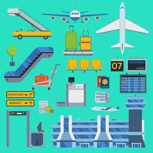 Aviation airport vector icons set cover image.