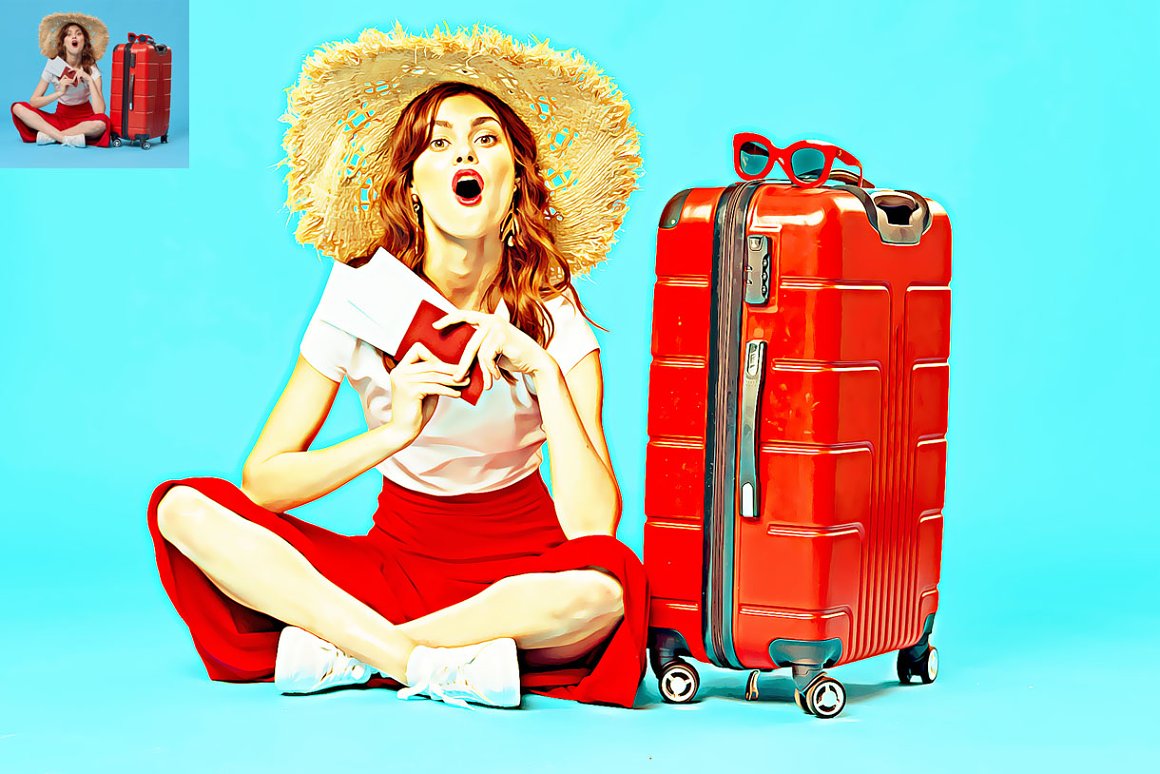 Woman sitting on the ground next to a red suitcase.