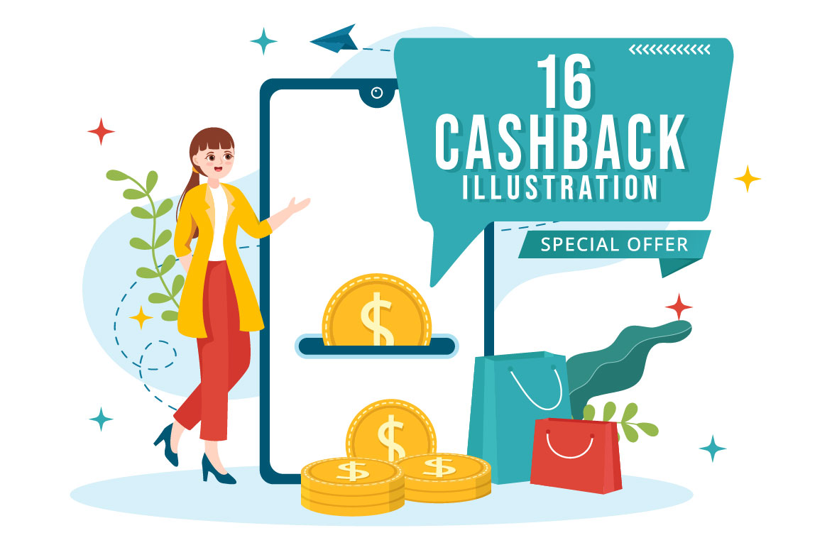 Woman standing next to a phone with cashback illustrations on it.