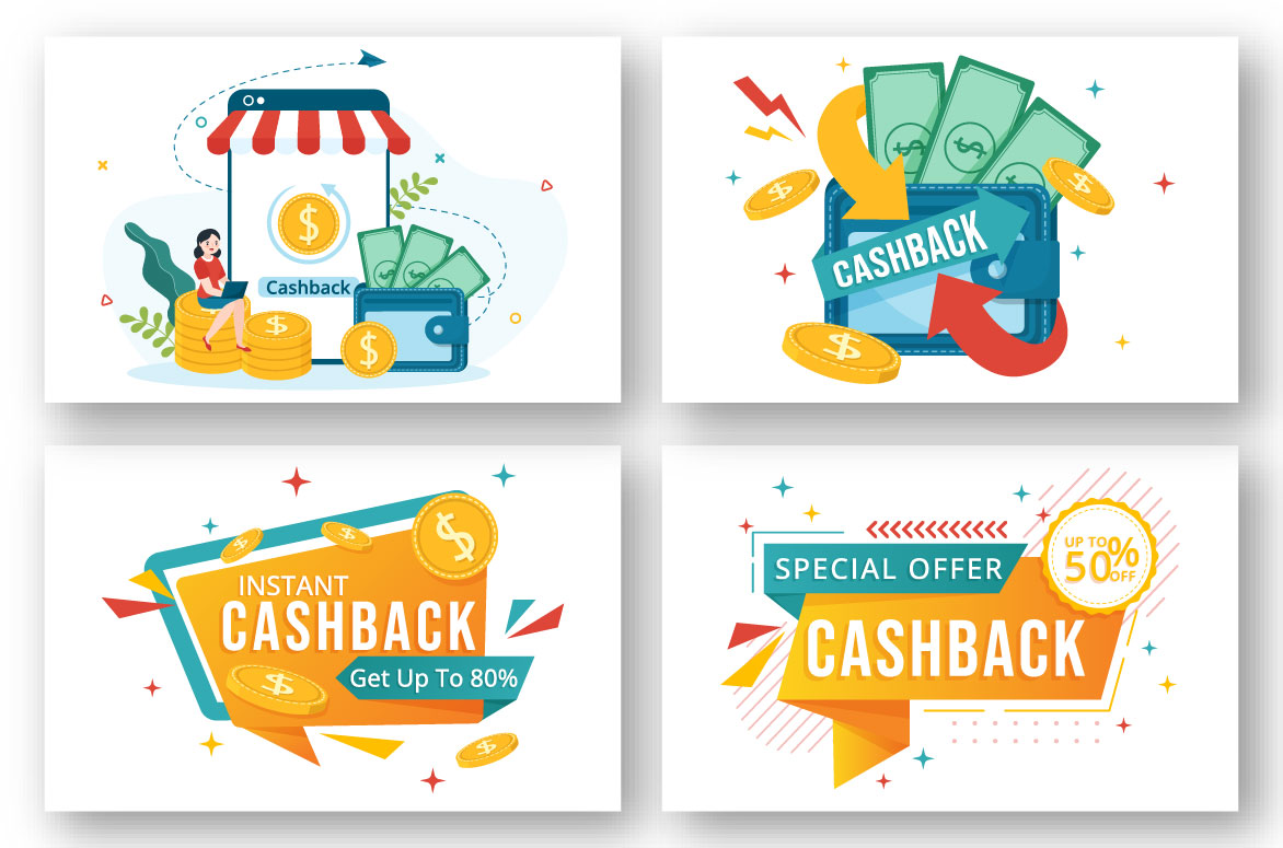 Set of four business cards with cashback symbols.