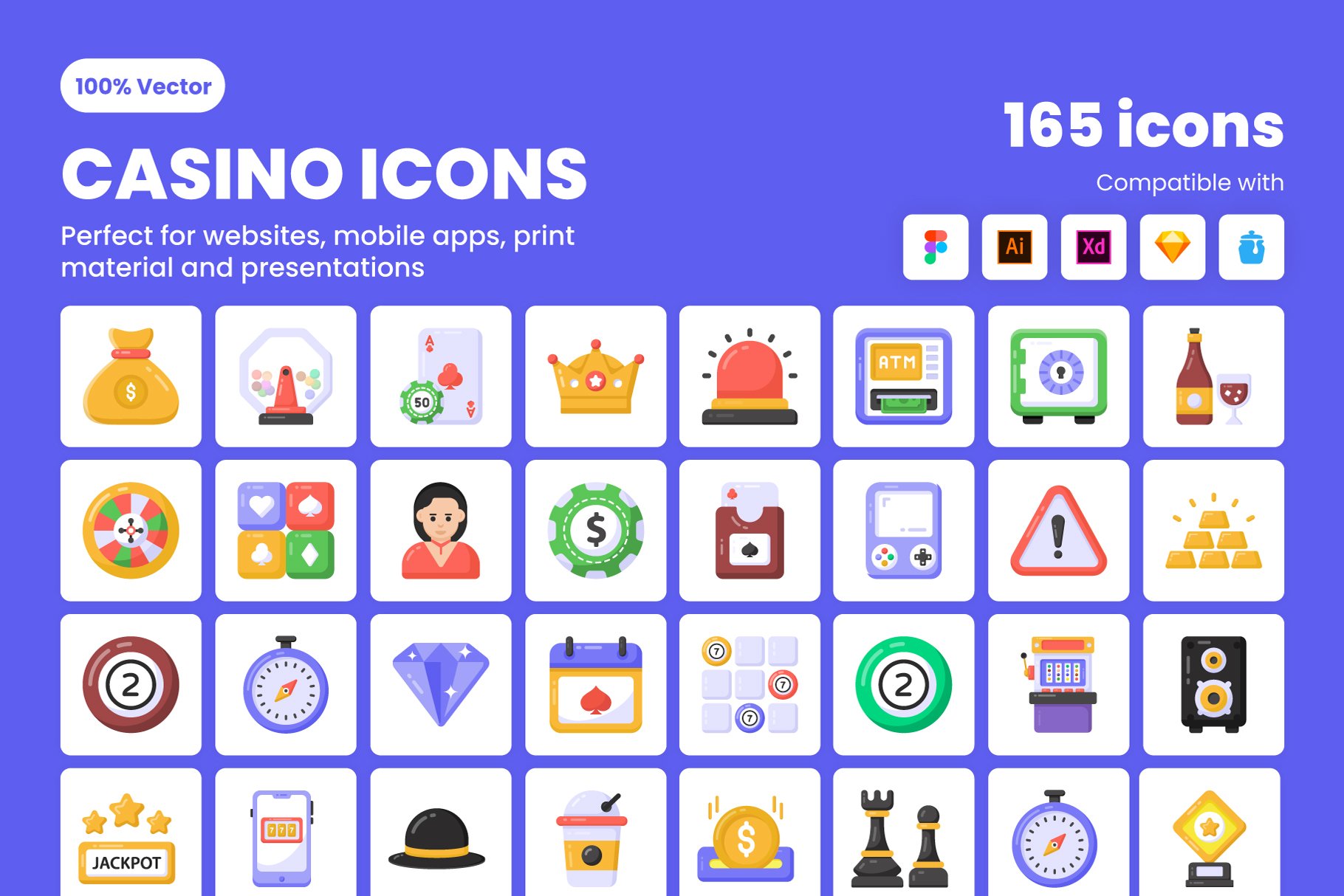 Flat Detailed Casino Icons cover image.