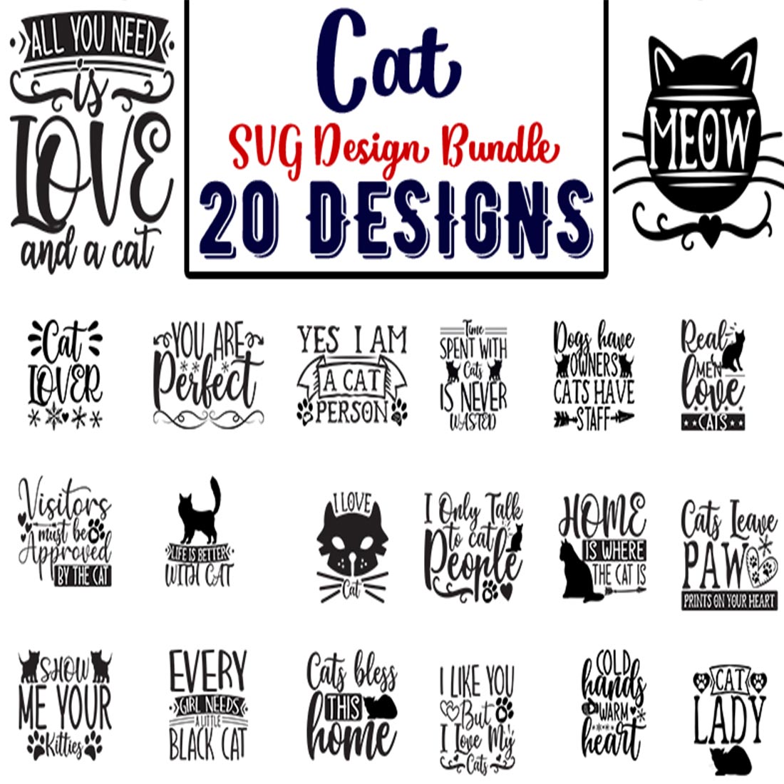 Set of 20 designs for a cat svt design bundle.
