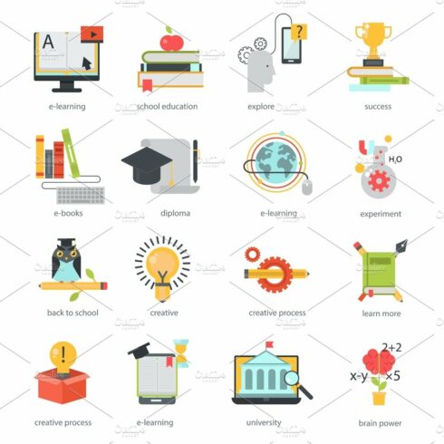 Online education icons vector set distance school symbols. cover image.