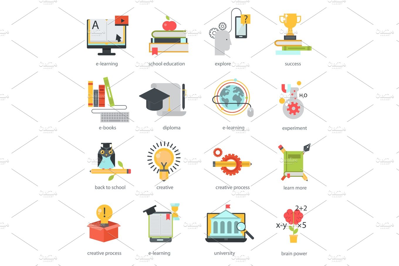 Online education icons vector set distance school symbols. cover image.