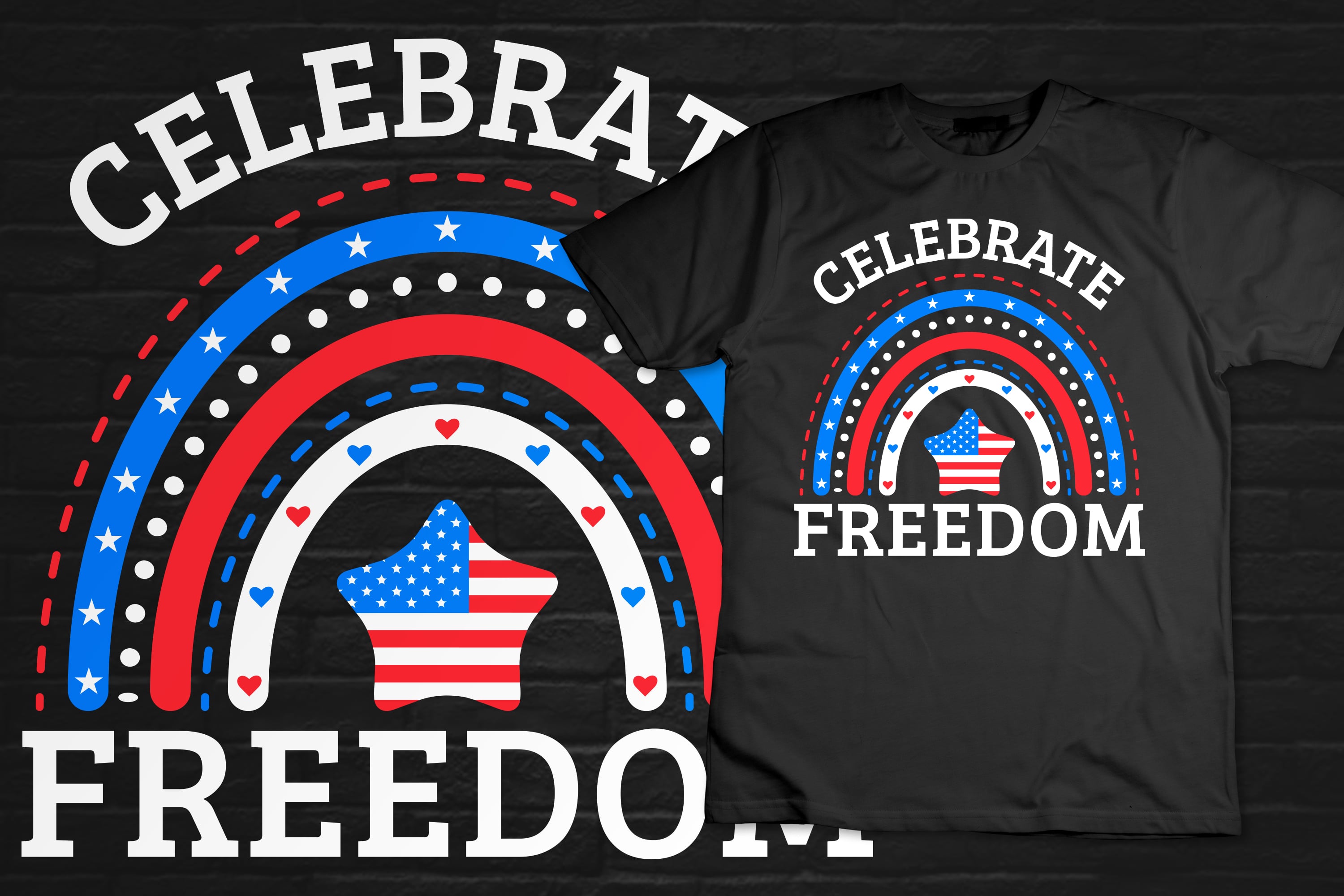 T - shirt with the words celebrate freedom and a rainbow.