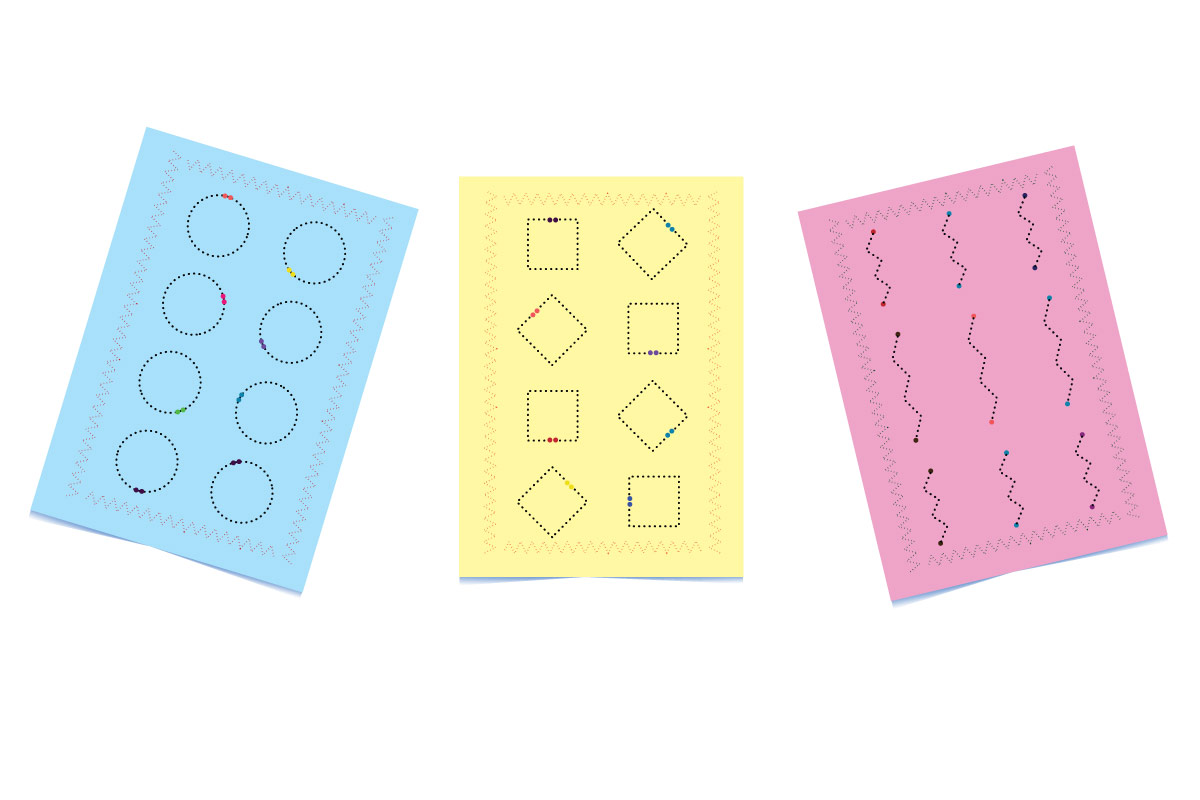 Three pieces of paper with different shapes on them.