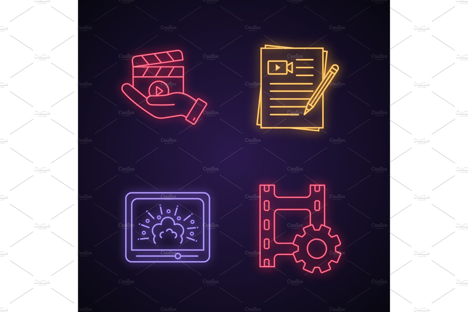 Film industry neon light icons set cover image.