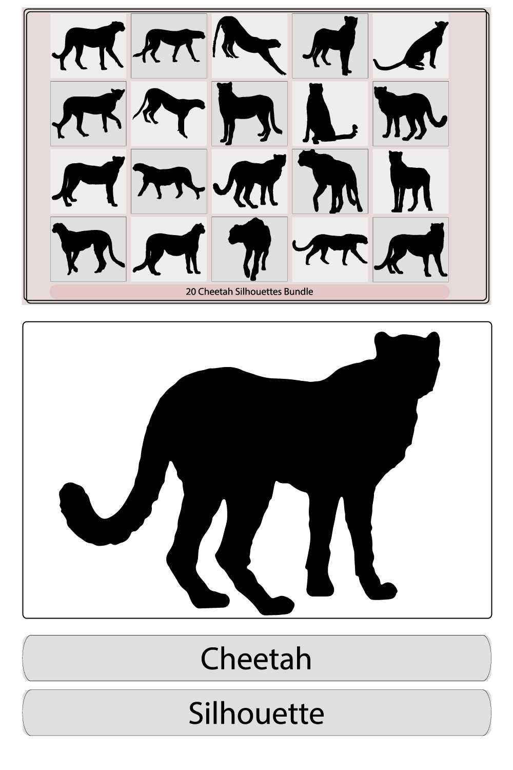 Vector silhouette of cheetah,Cheetah run cycle spritesheet Silhouette,Vector diffirent silhouettes of a cheetah poses, pinterest preview image.