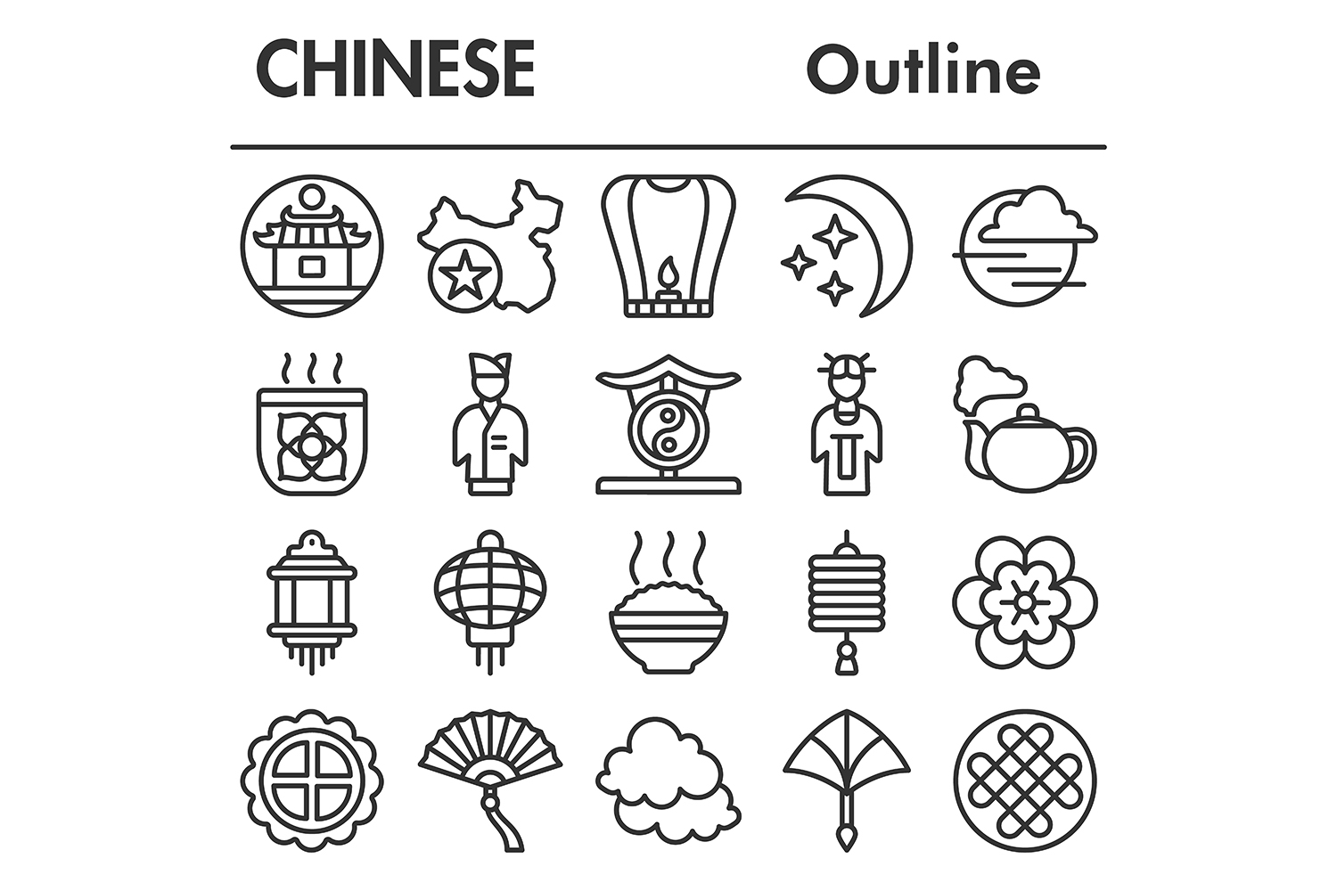 Chinese icons set, outline style pinterest preview image.
