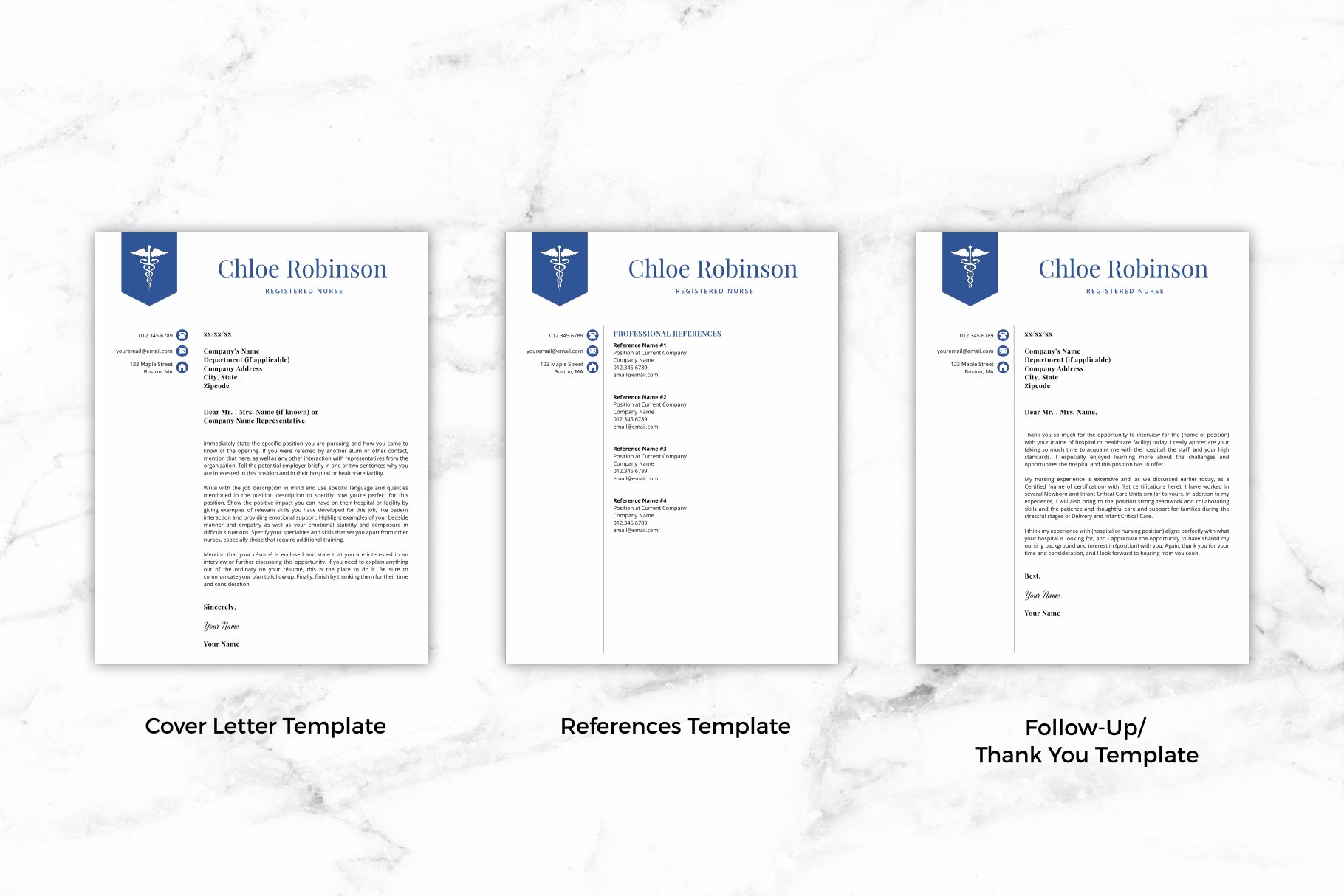 Three different resume templates on a marble background.