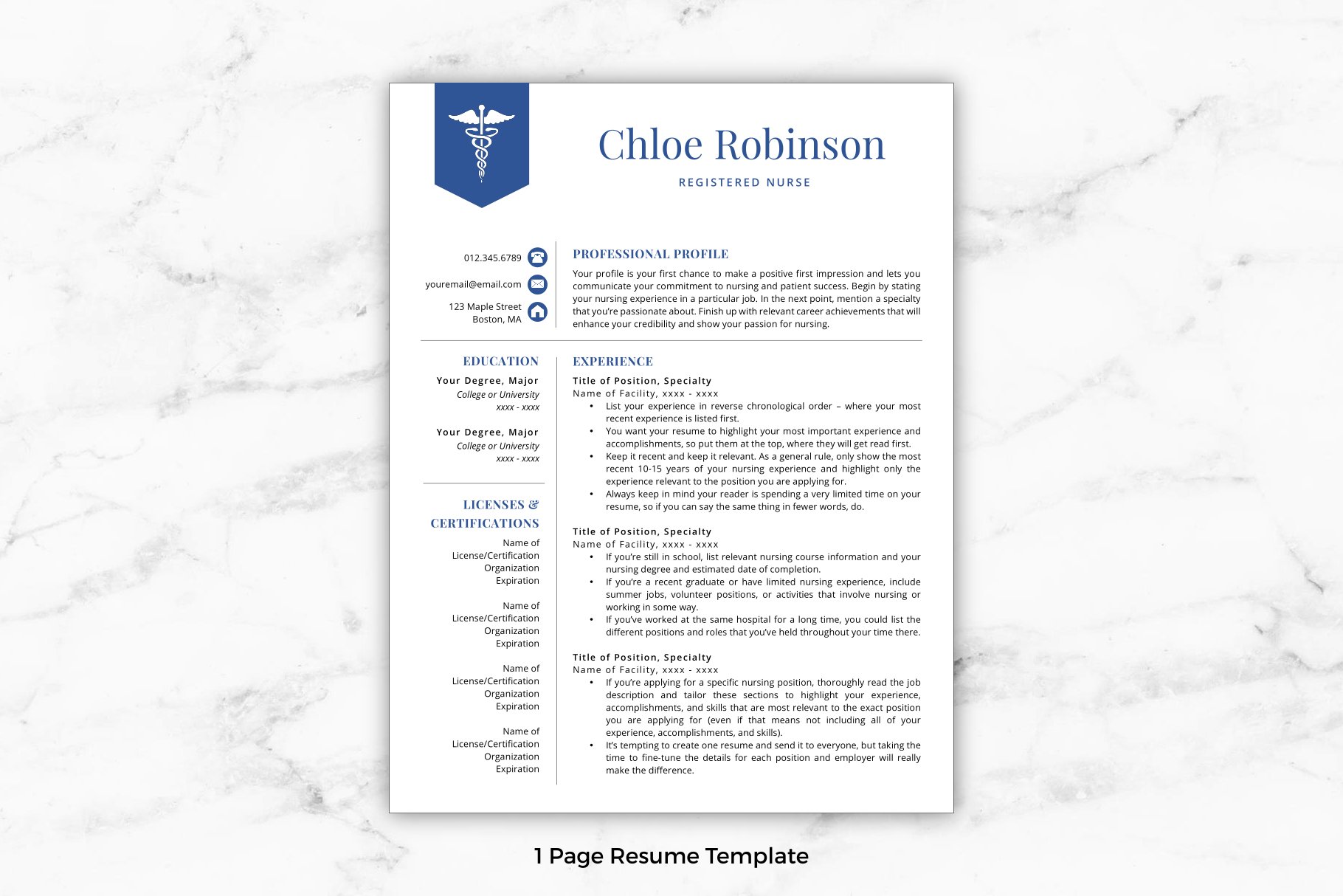 Blue and white medical resume template.