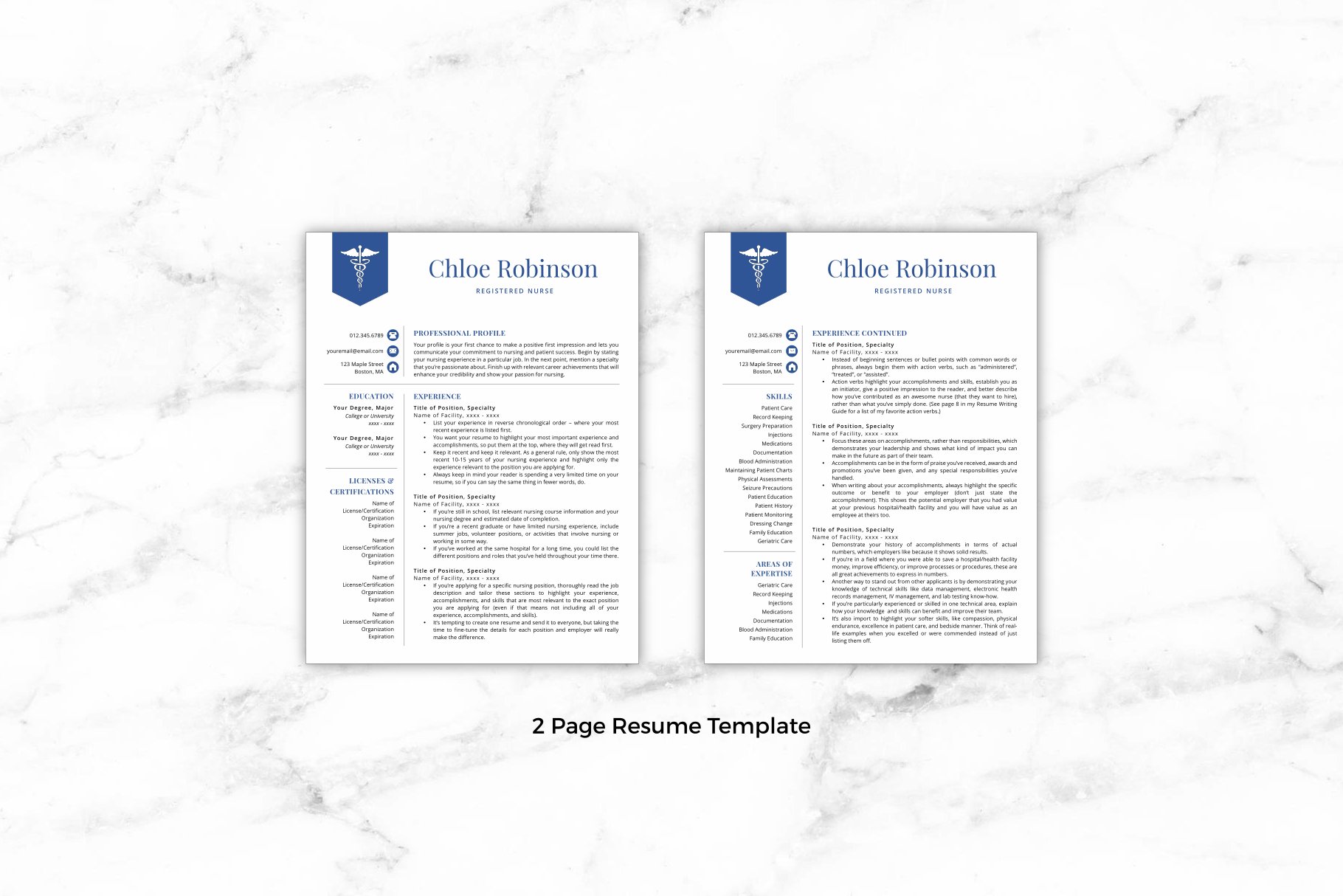 Two page resume template on a marble background.