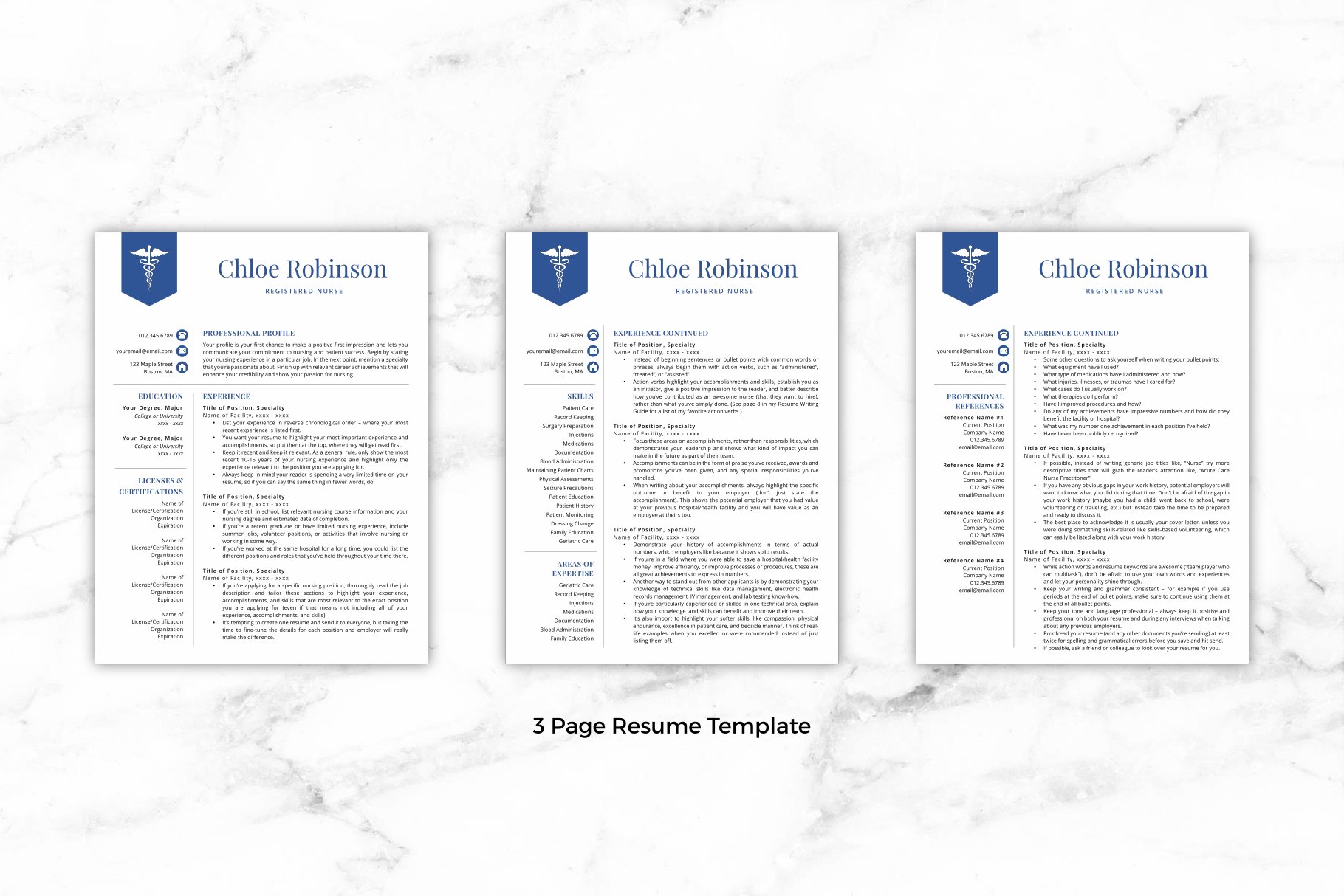 Three pages of a resume on a marble background.