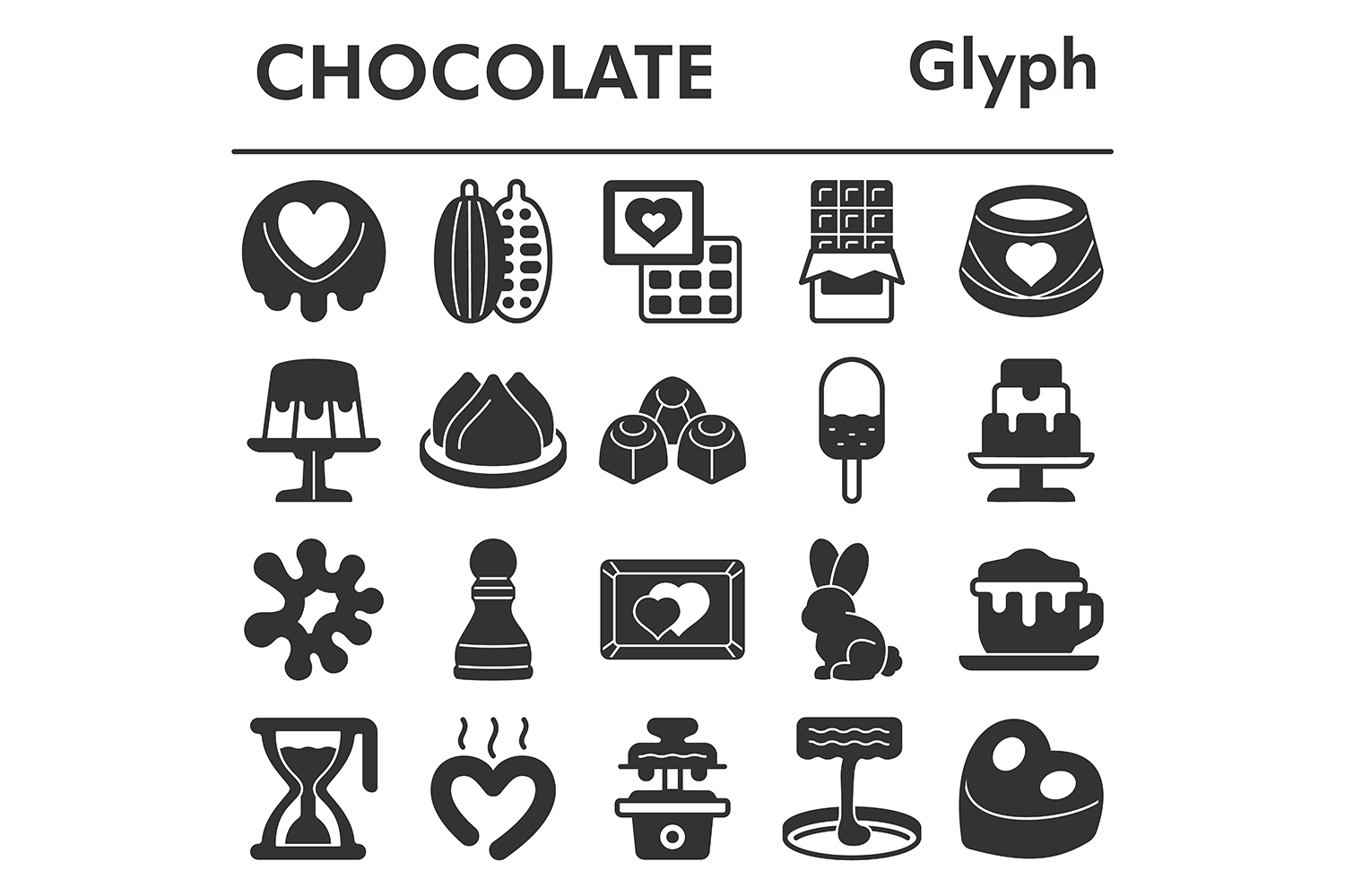 Chocolate icons set, glyph style pinterest preview image.