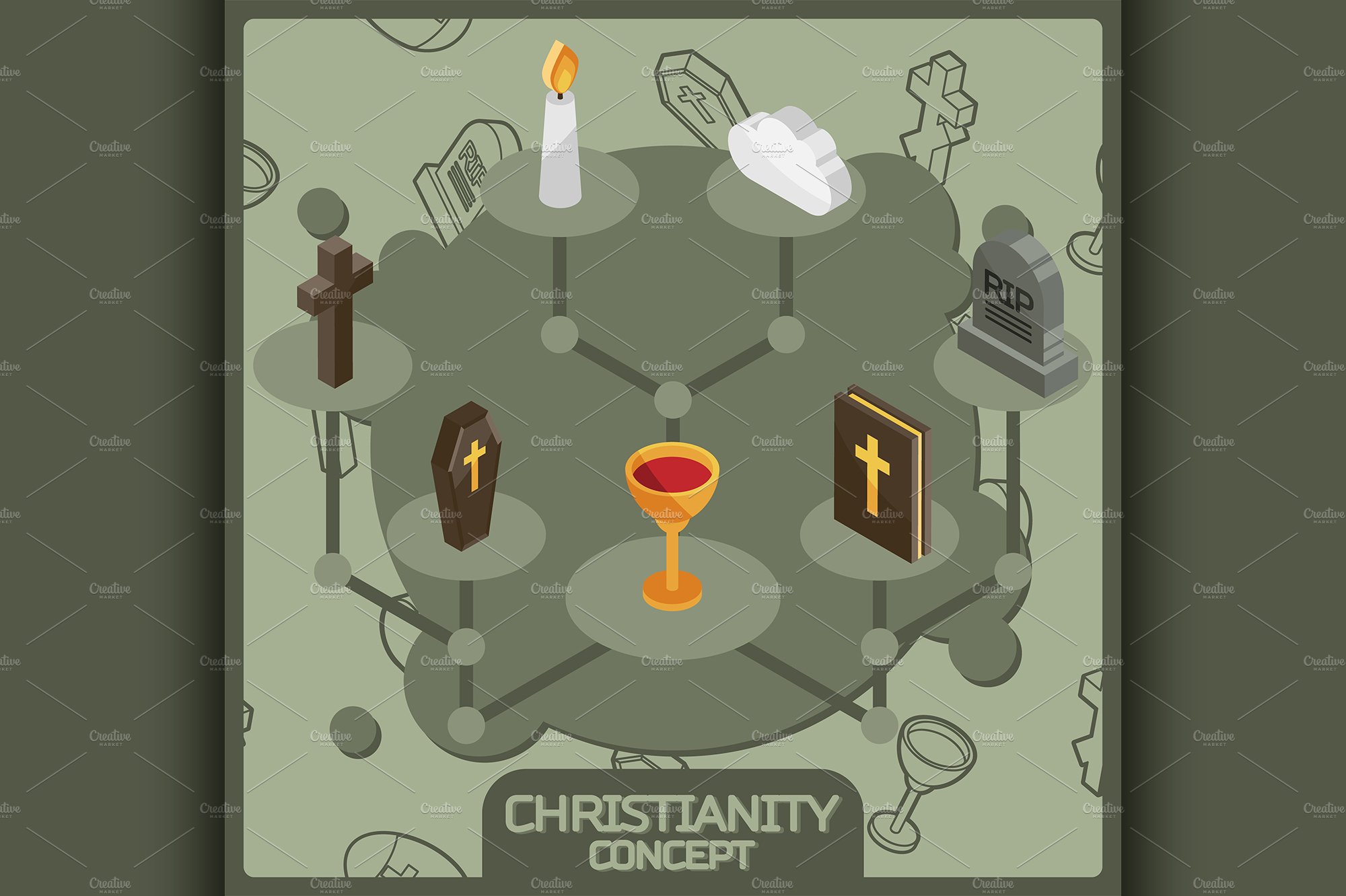 Christianity isometric concept icons cover image.