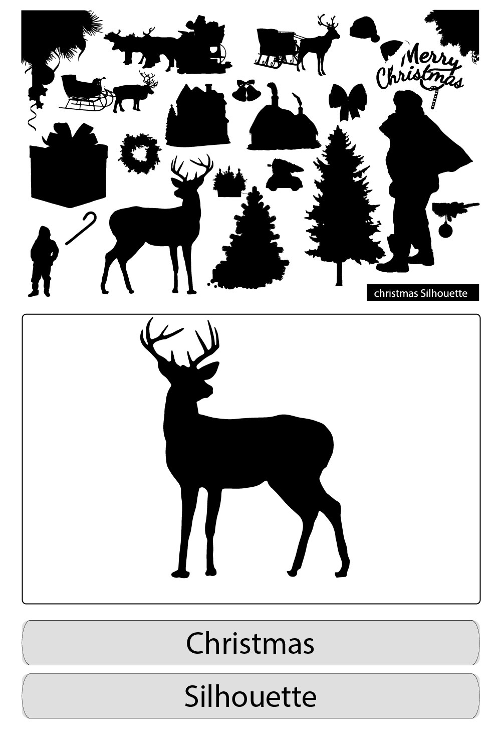 Christmas Vector Icon Set,silhouette reindeer with Santa Claus,Set of winter and christmas silhouettes pinterest preview image.