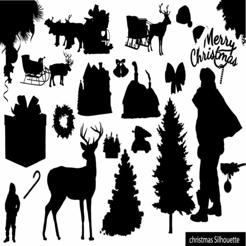 Christmas Vector Icon Set,silhouette reindeer with Santa Claus,Set of winter and christmas silhouettes cover image.