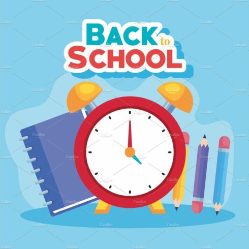 back to school banner, alarm clock cover image.